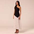 One Shoulder Crepe & Chiffon Dress with Polka Dots - shopaleena