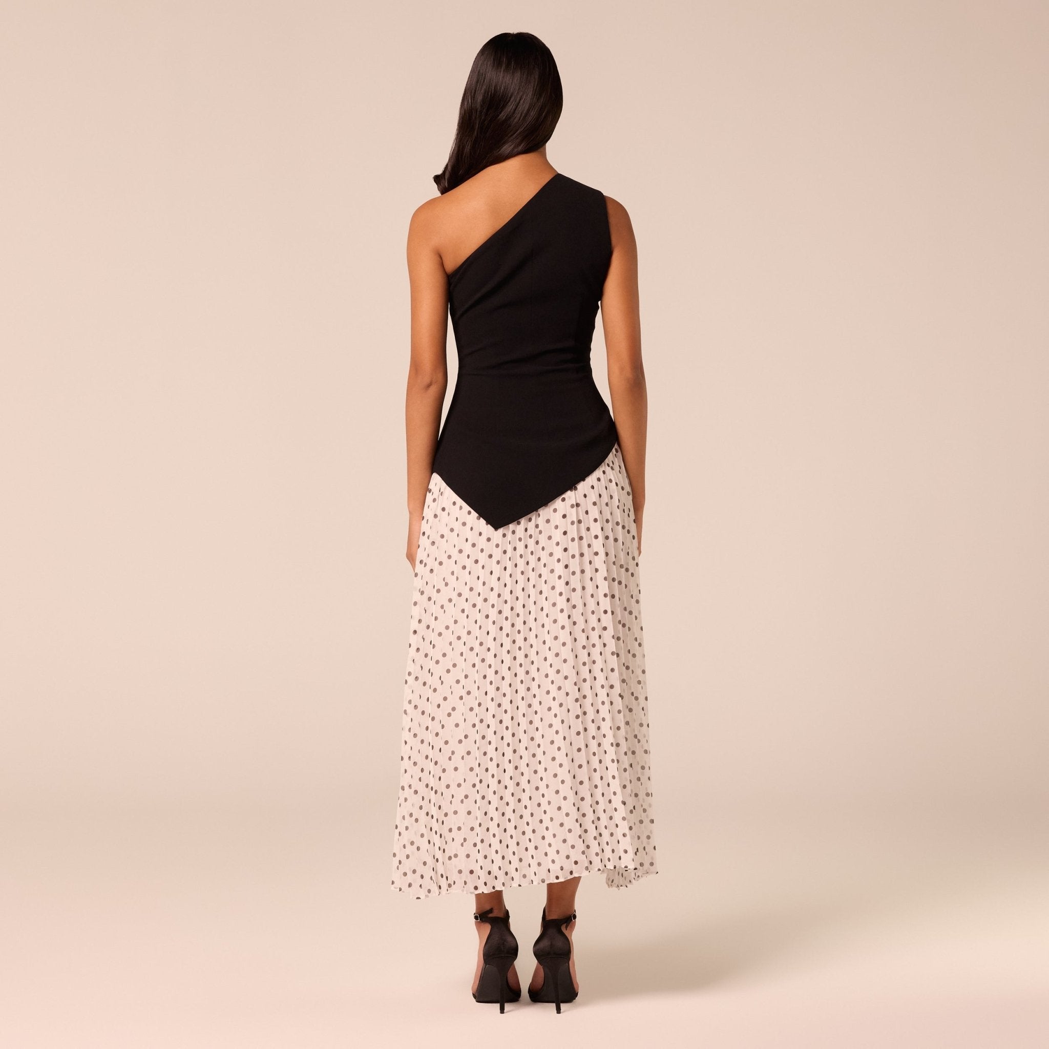 One Shoulder Crepe & Chiffon Dress with Polka Dots - shopaleena