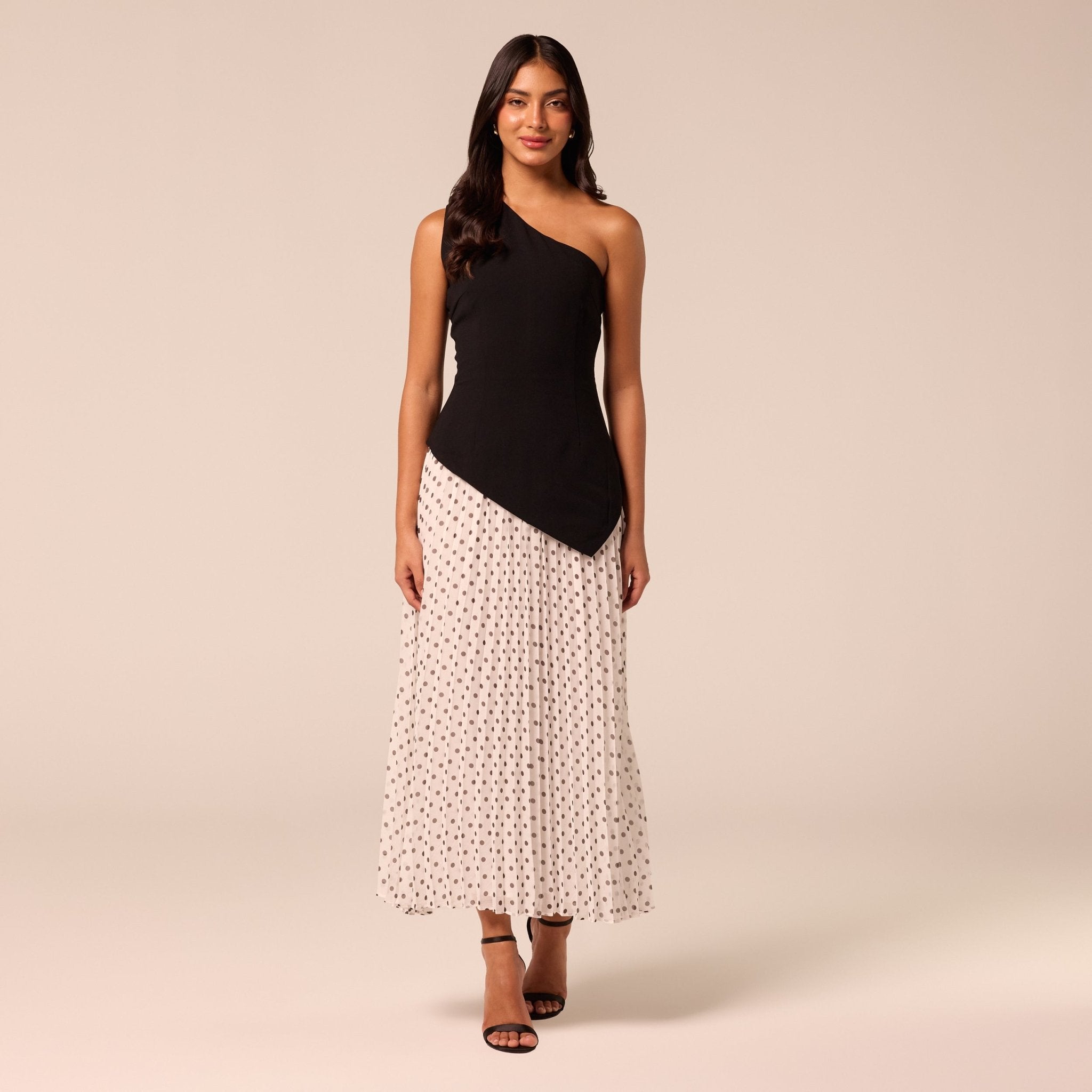One Shoulder Crepe & Chiffon Dress with Polka Dots - shopaleena