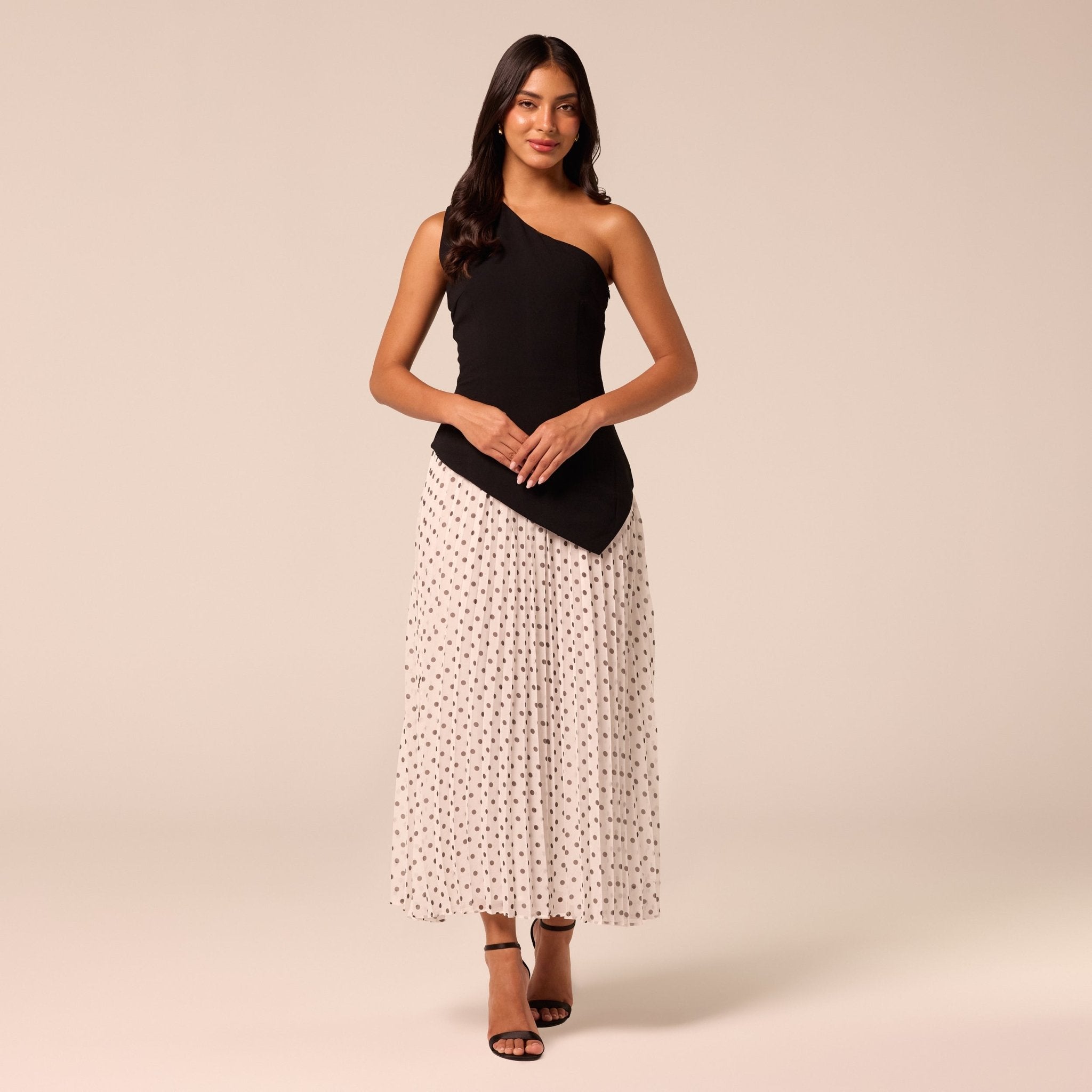 One Shoulder Crepe & Chiffon Dress with Polka Dots - shopaleena