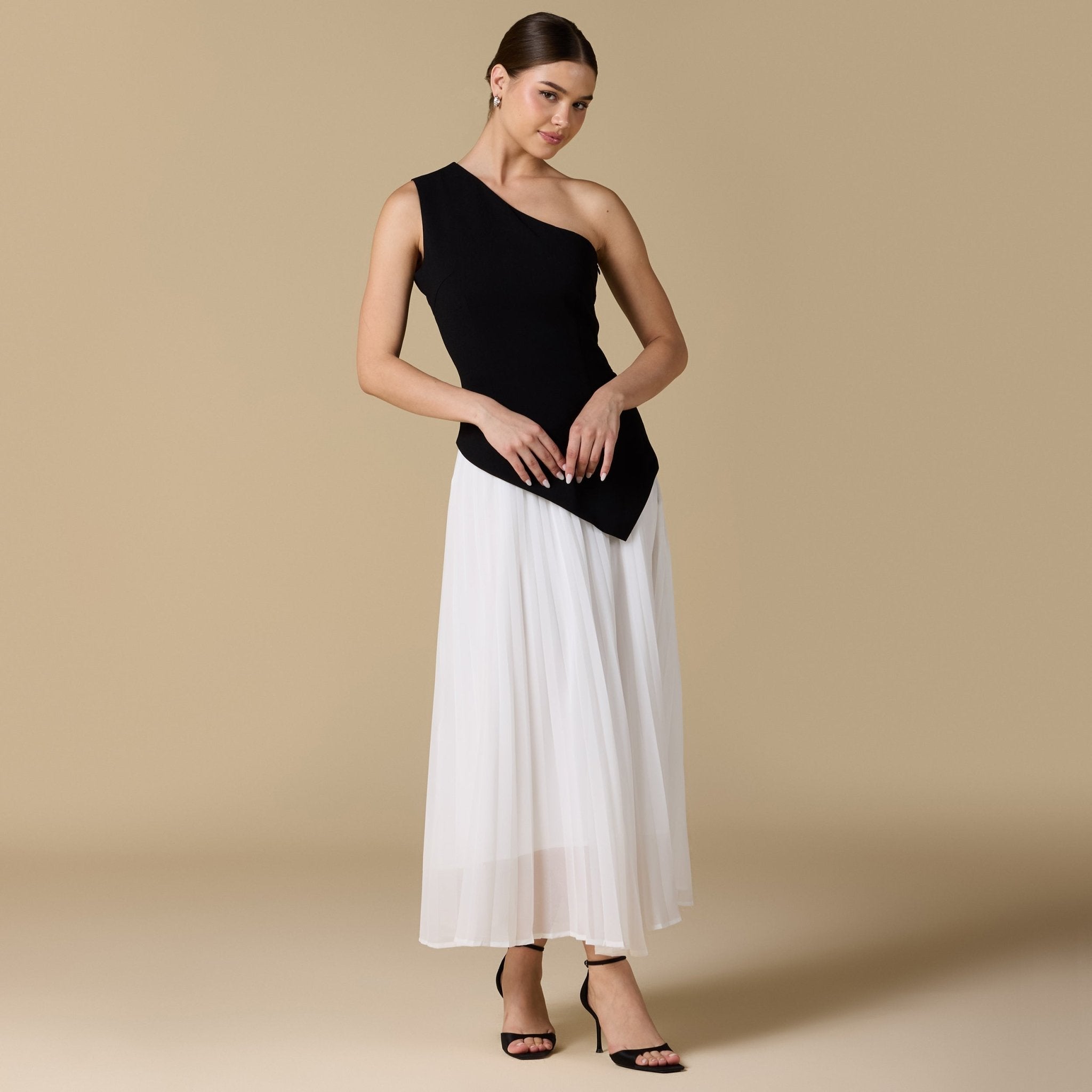 One - shoulder Crepe Dress With Pleated Skirt - shopaleena