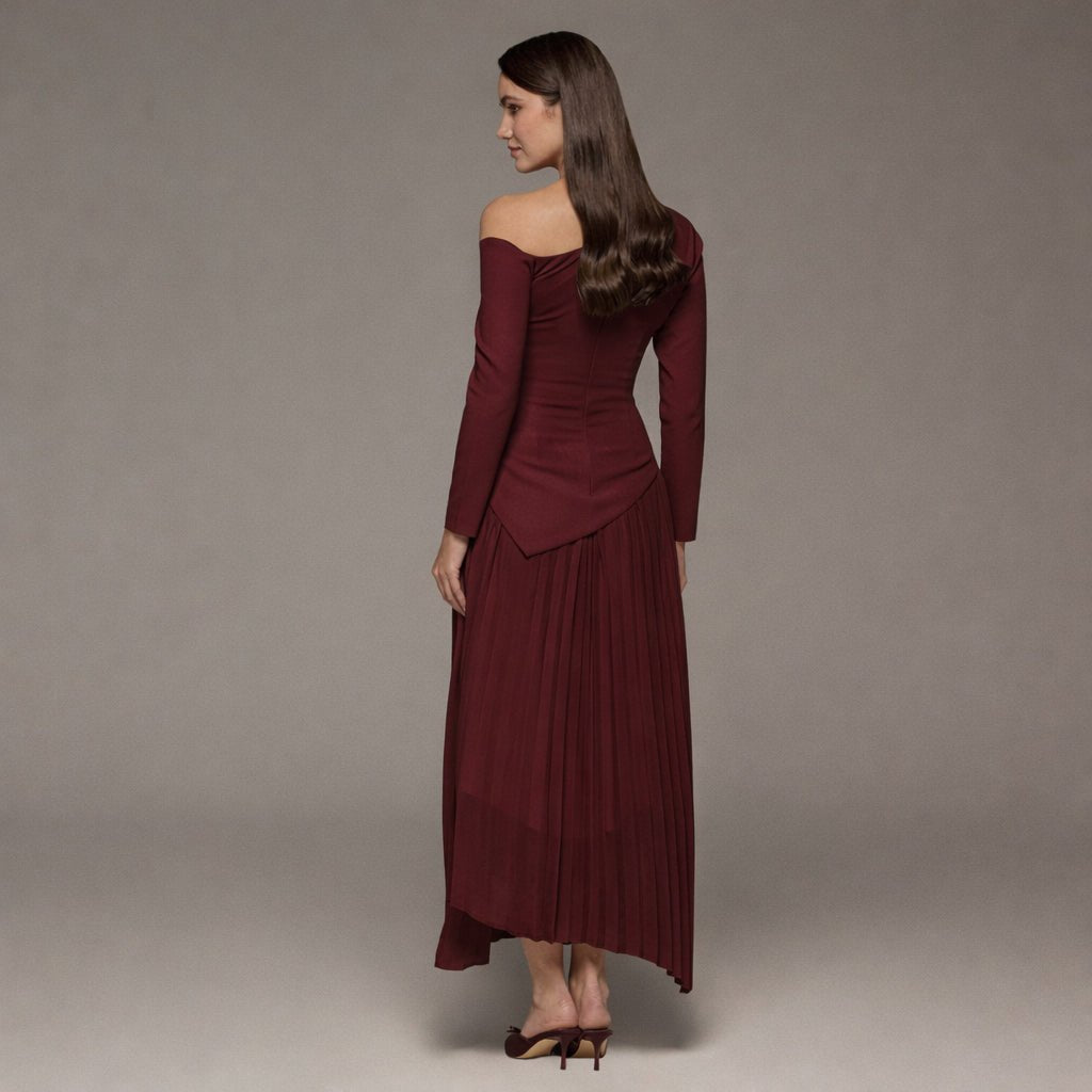 One-shoulder Crepe Dress With Pleated Skirt - shopaleena