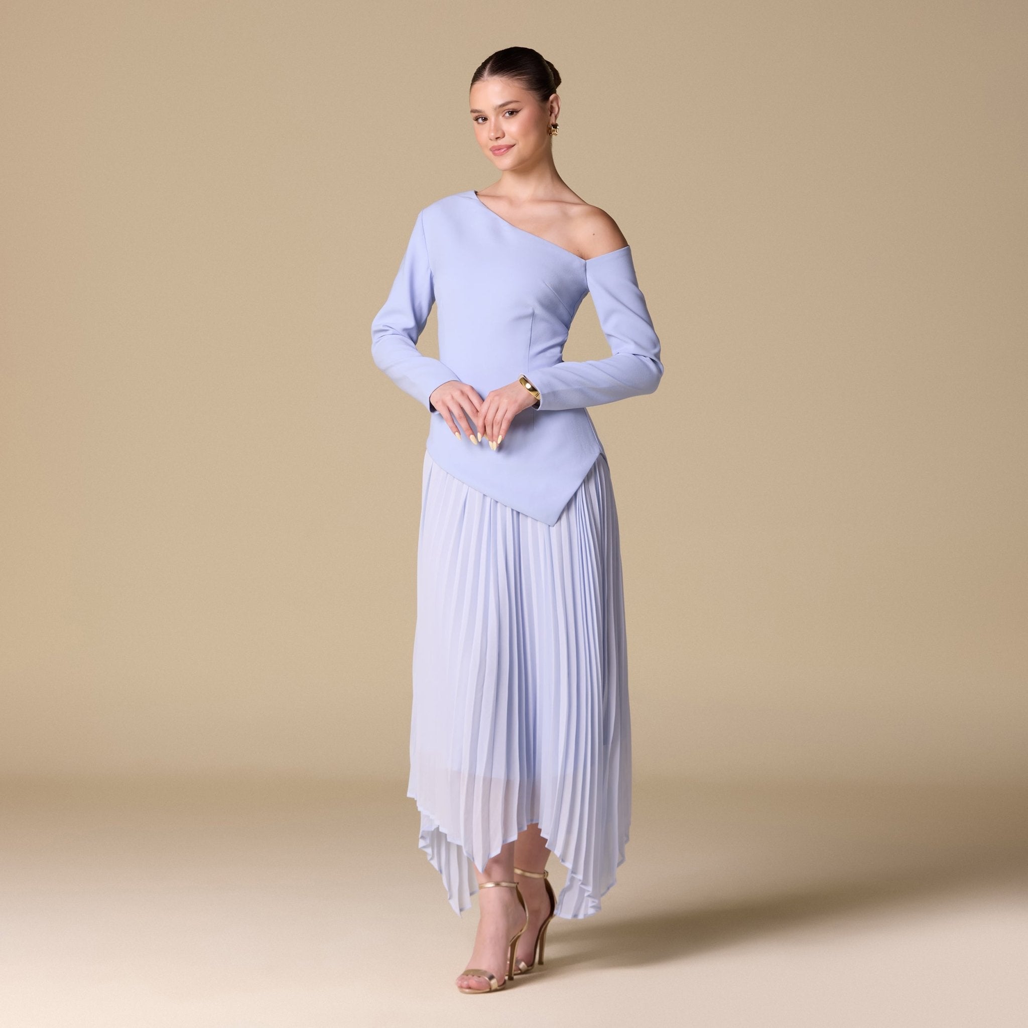 One - shoulder Crepe Dress With Pleated Skirt - shopaleena