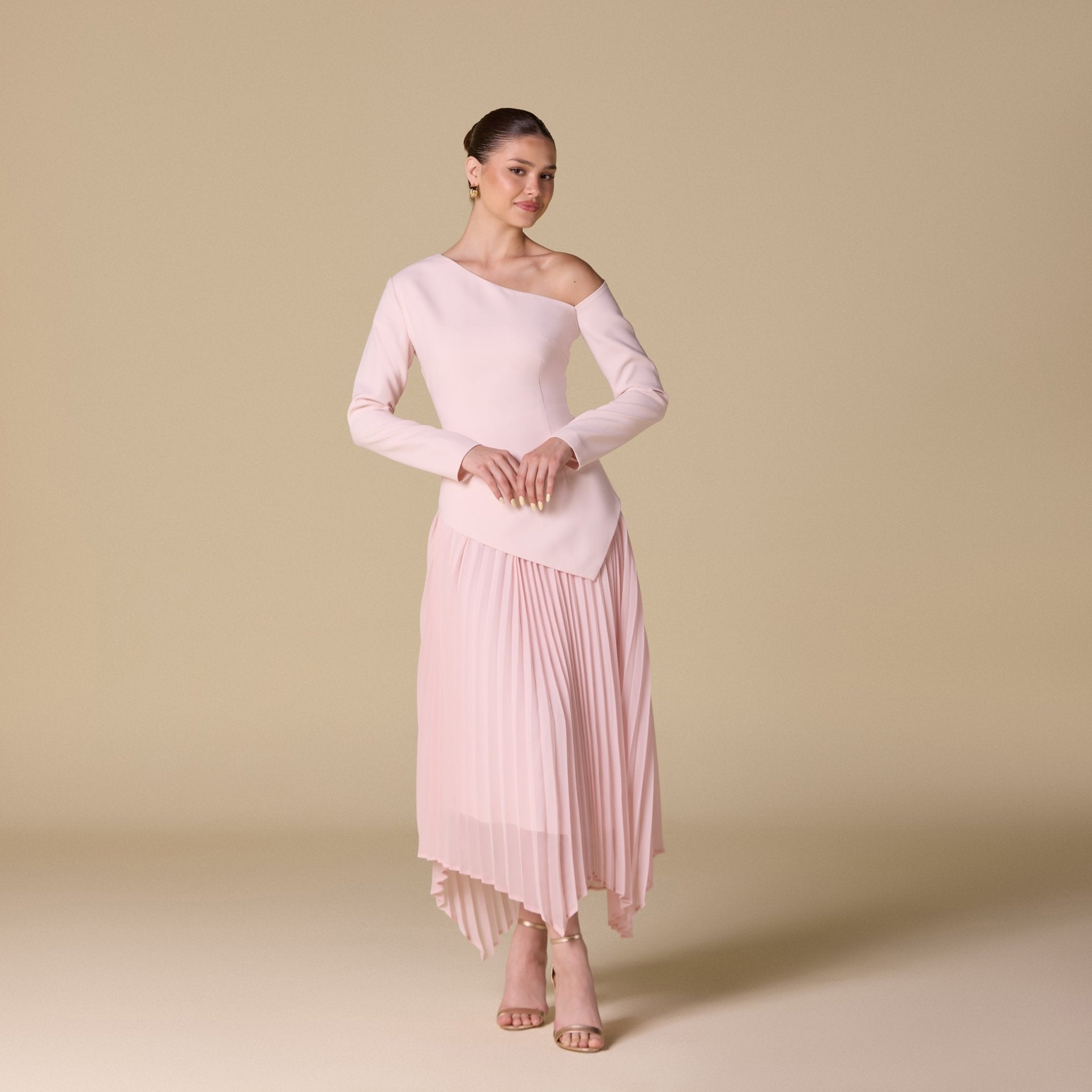 One - shoulder Crepe Dress With Pleated Skirt - shopaleena