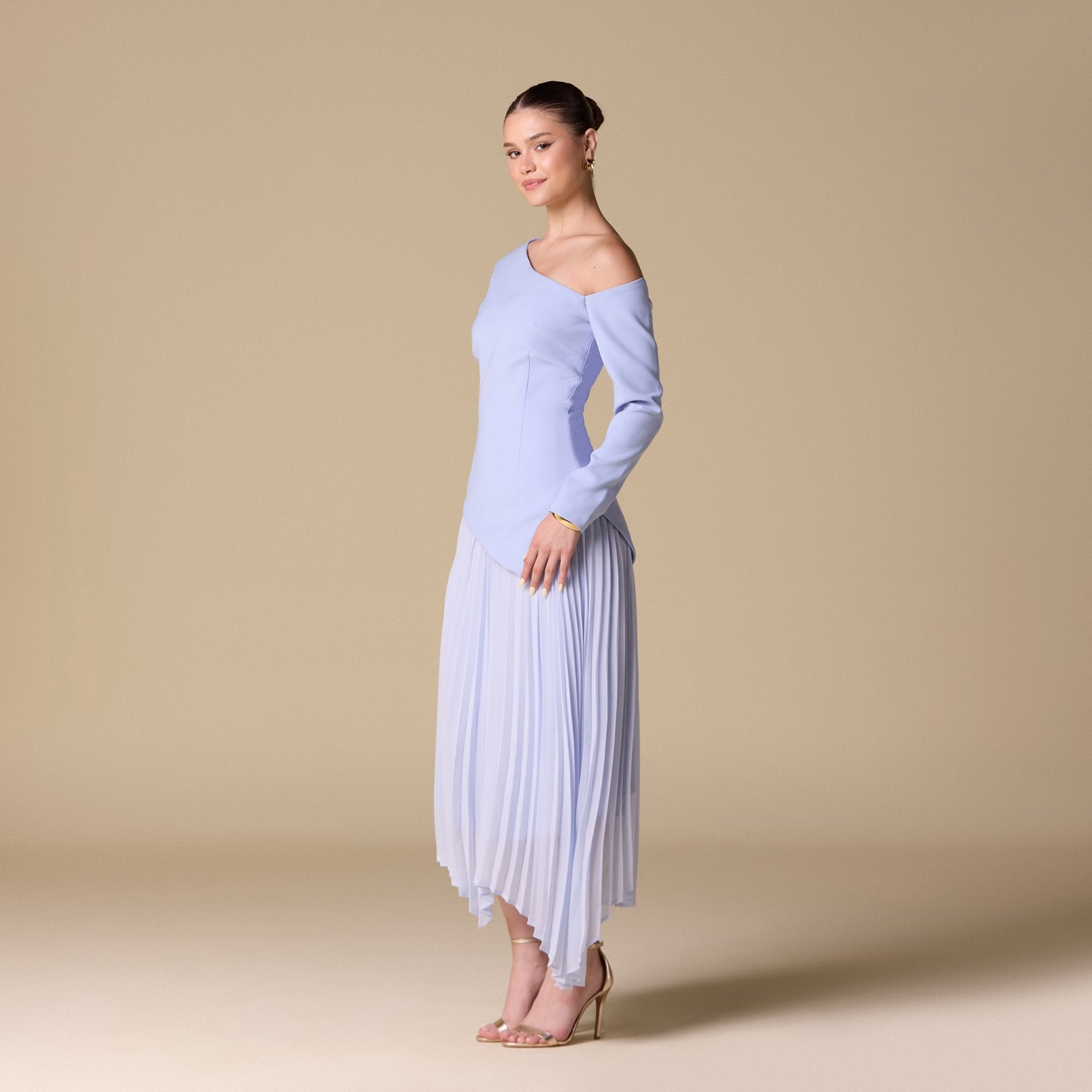 One - shoulder Crepe Dress With Pleated Skirt - shopaleena