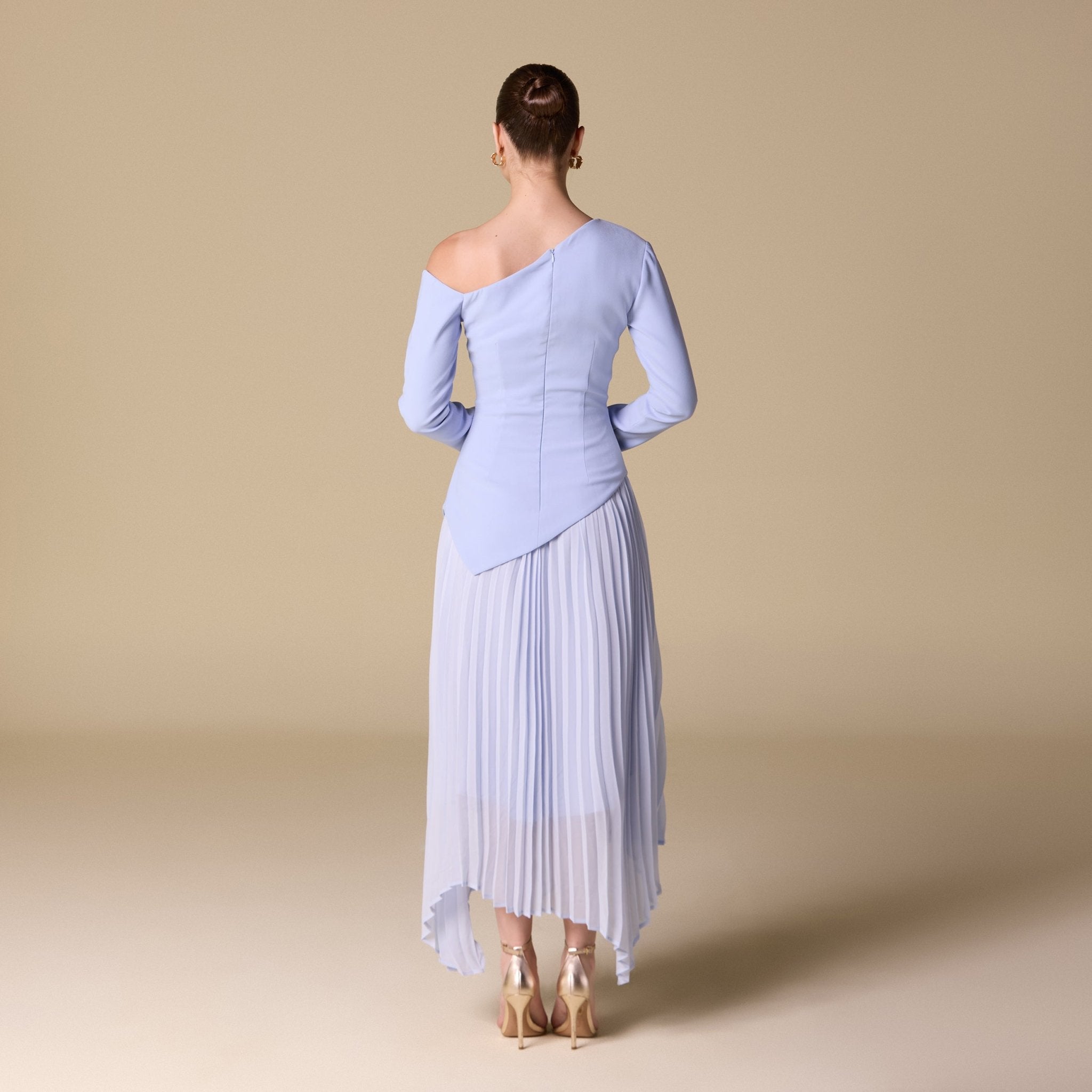 One - shoulder Crepe Dress With Pleated Skirt - shopaleena