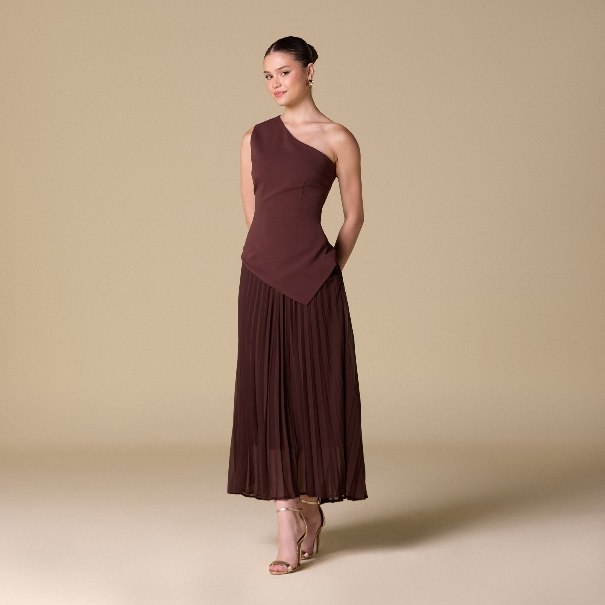 One - shoulder Crepe Dress With Pleated Skirt - shopaleena