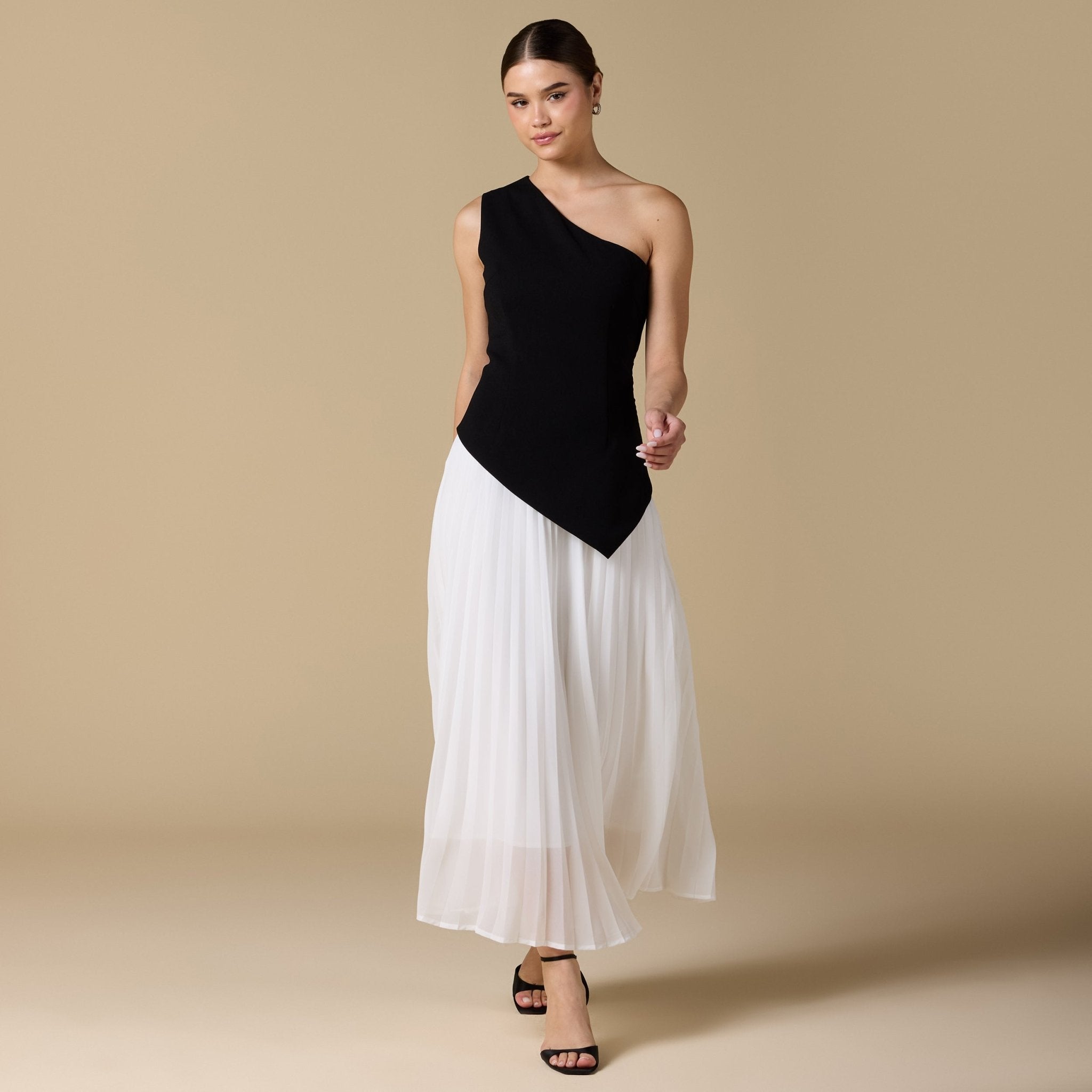 One - shoulder Crepe Dress With Pleated Skirt - shopaleena
