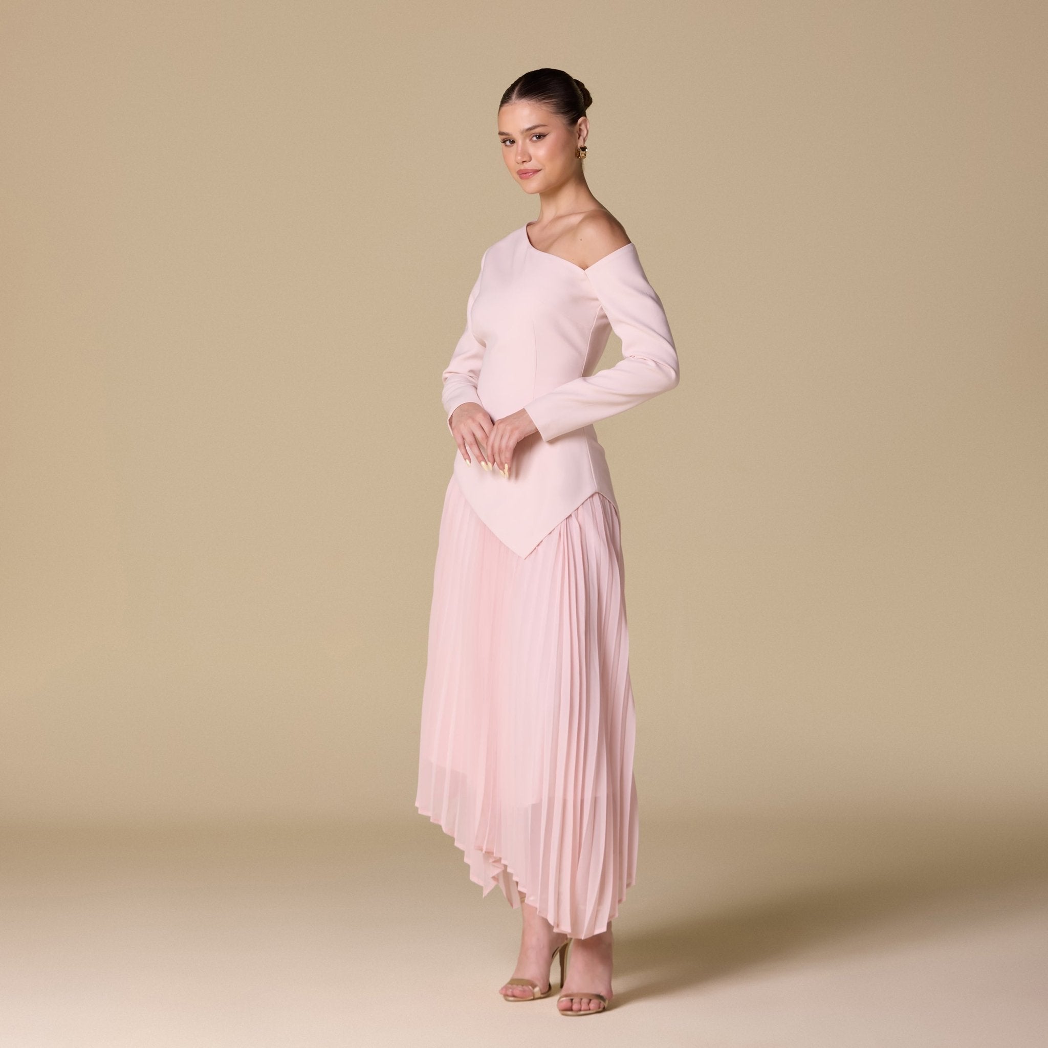 One - shoulder Crepe Dress With Pleated Skirt - shopaleena