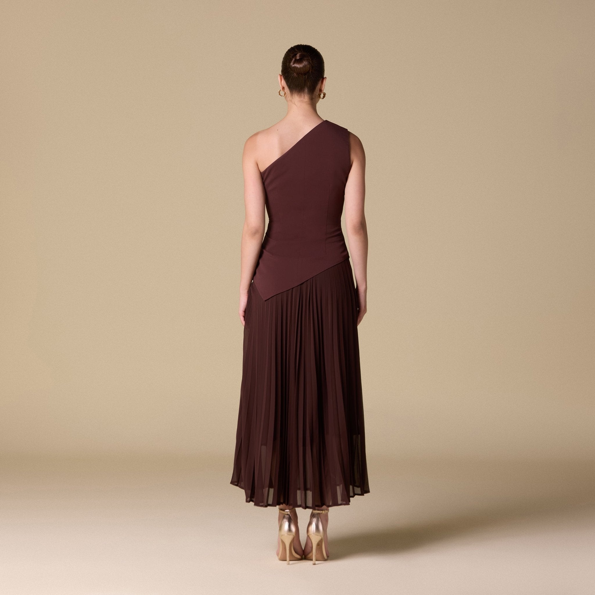 One - shoulder Crepe Dress With Pleated Skirt - shopaleena