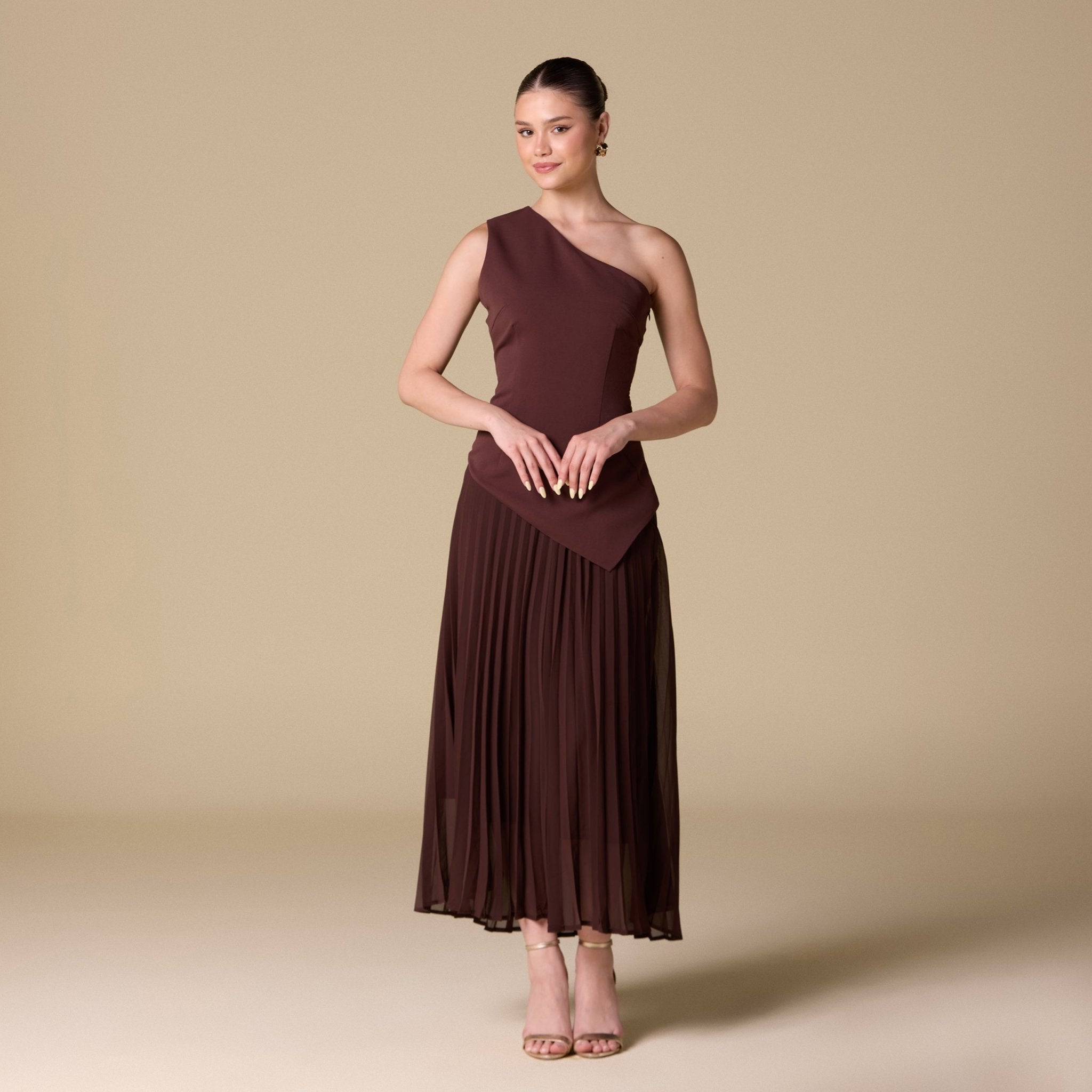 One - shoulder Crepe Dress With Pleated Skirt - shopaleena