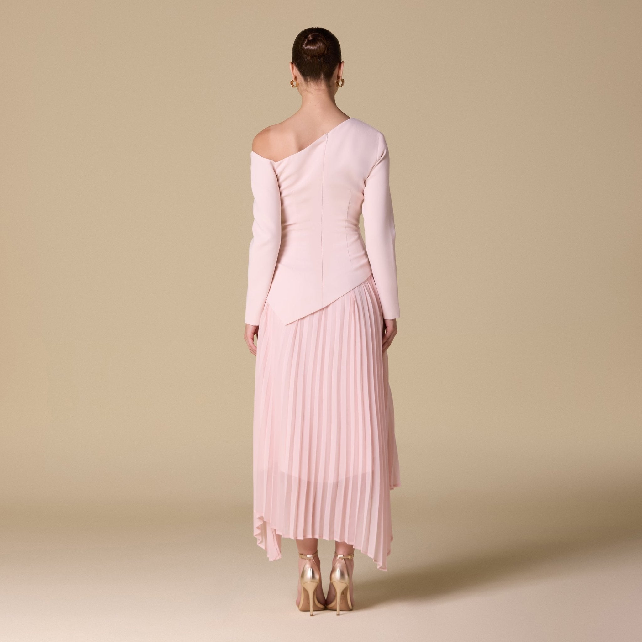 One - shoulder Crepe Dress With Pleated Skirt - shopaleena