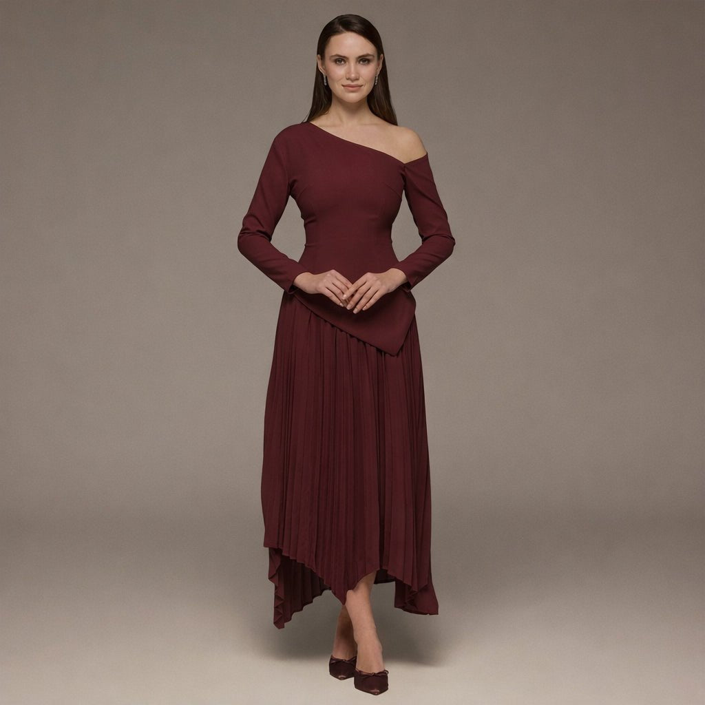 One-shoulder Crepe Dress With Pleated Skirt - shopaleena