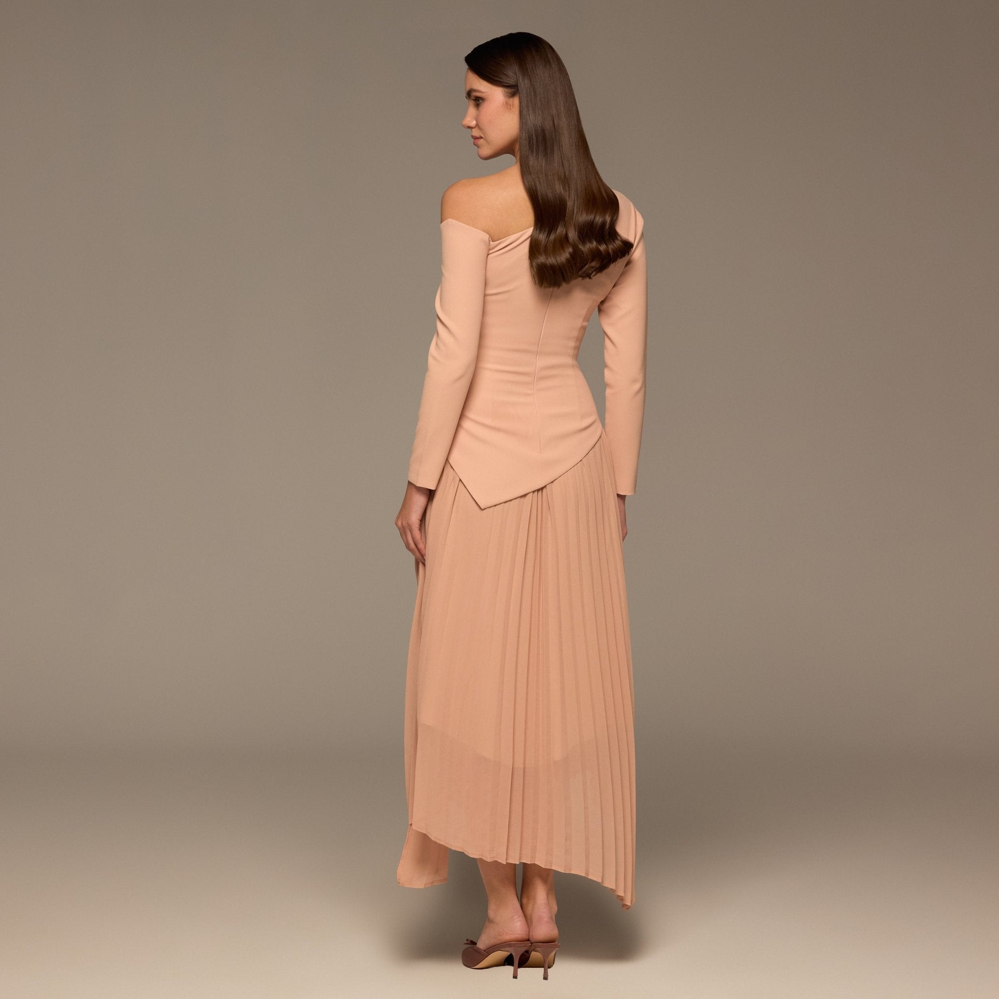 One-shoulder Crepe Dress With Pleated Skirt - shopaleena