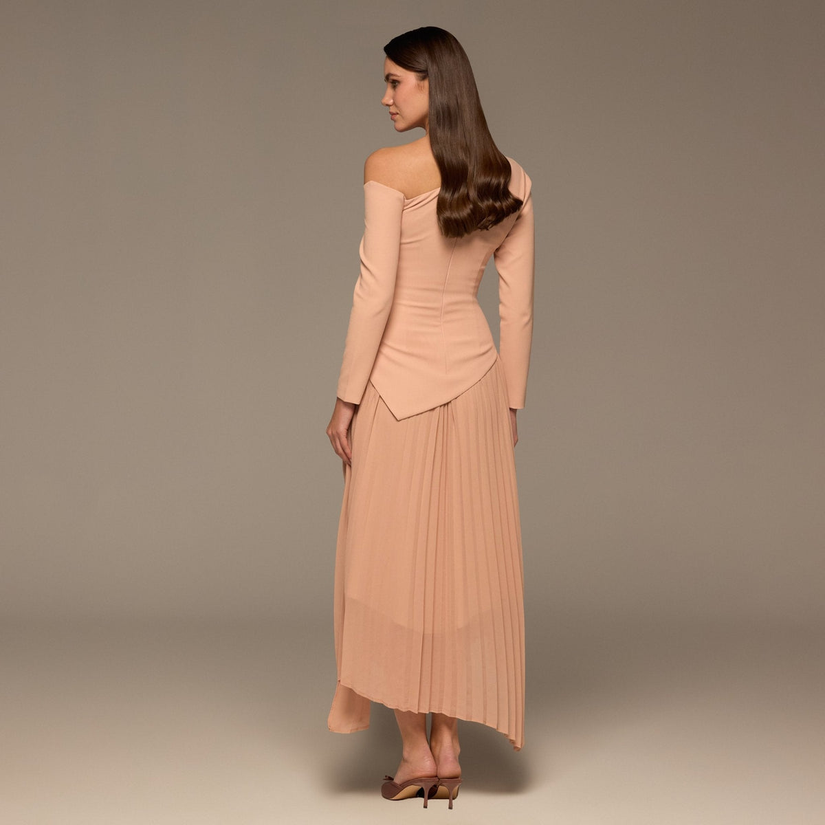 One-shoulder Crepe Dress With Pleated Skirt - shopaleena