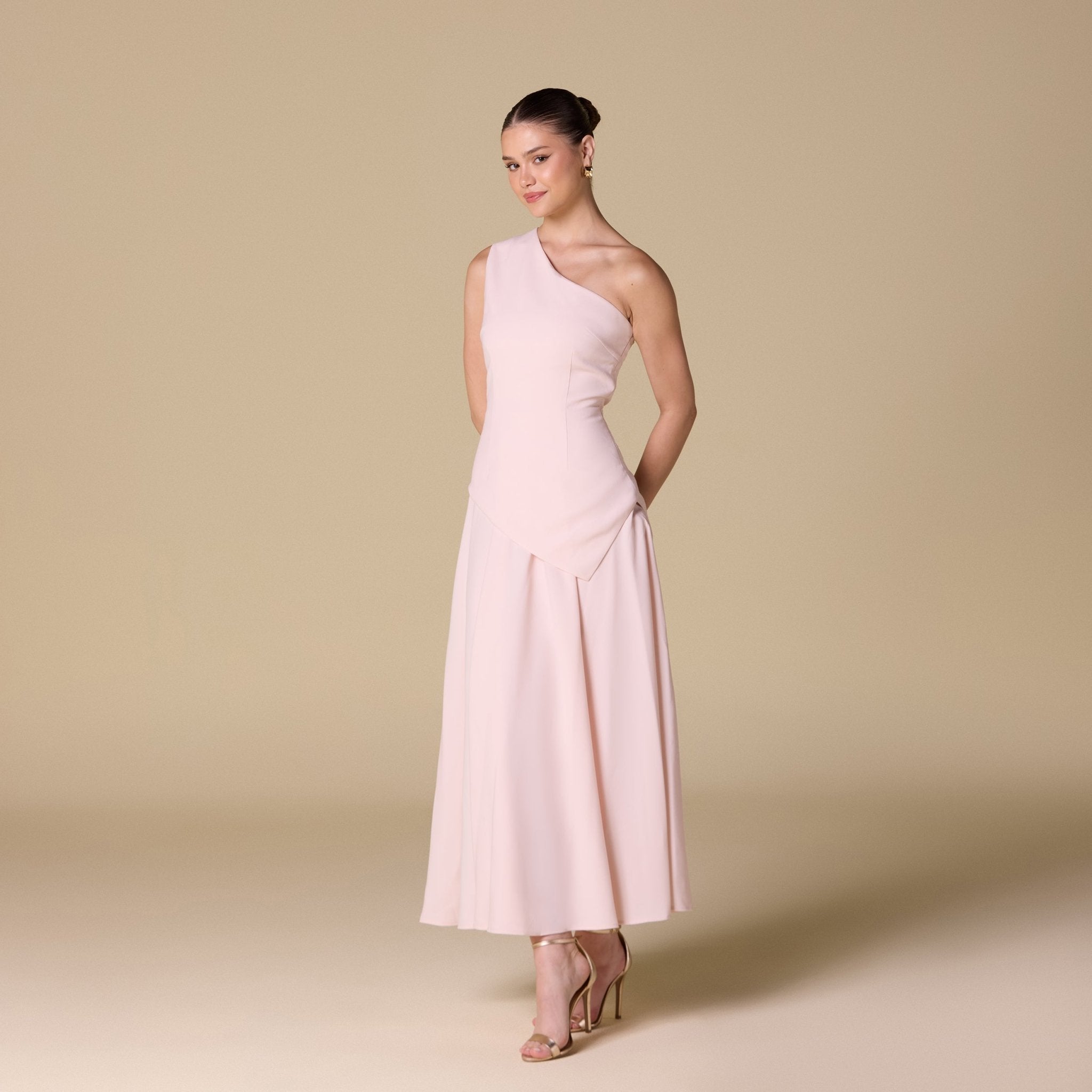 One Shoulder Crepe Midi Dress - shopaleena