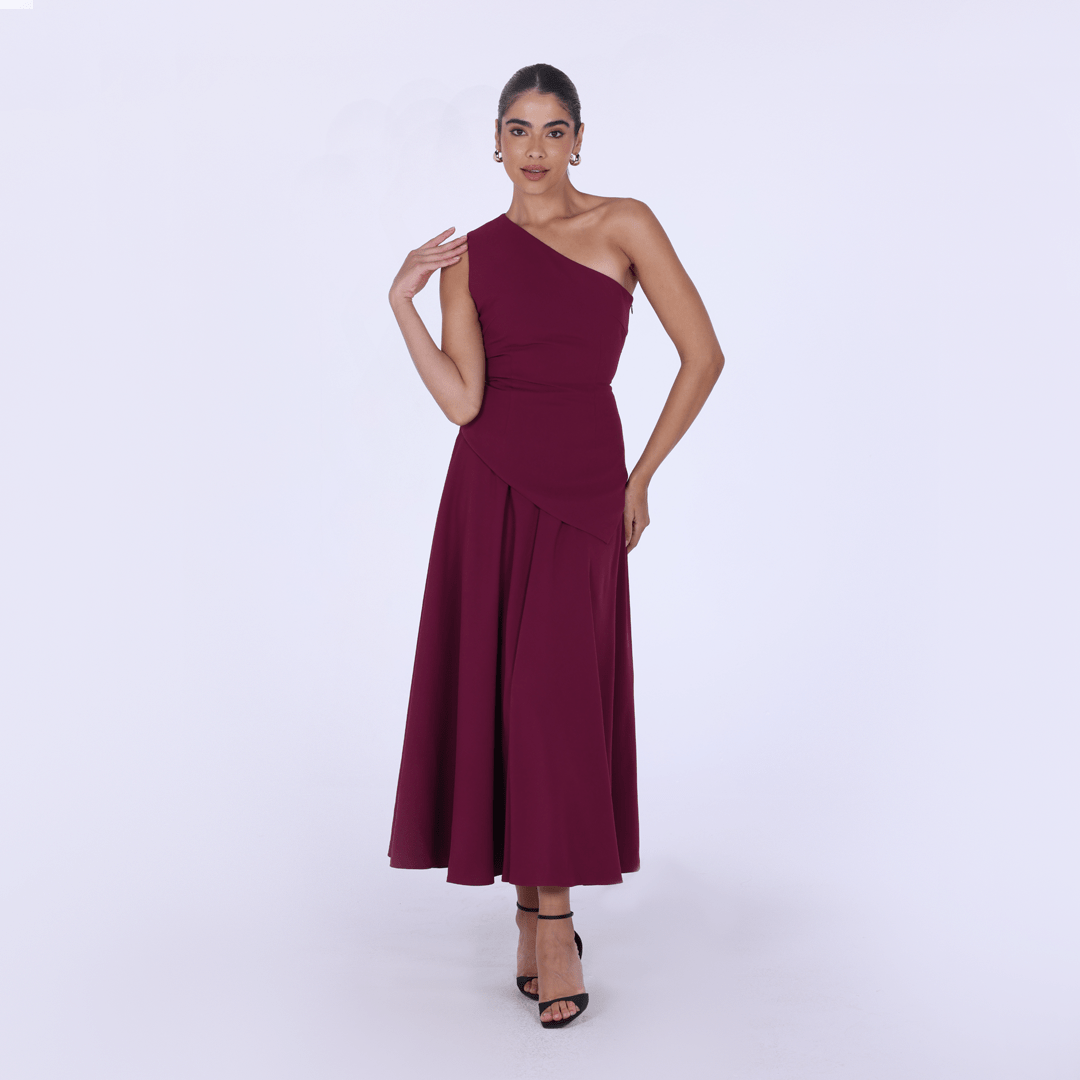 One Shoulder Crepe Midi Dress - shopaleena