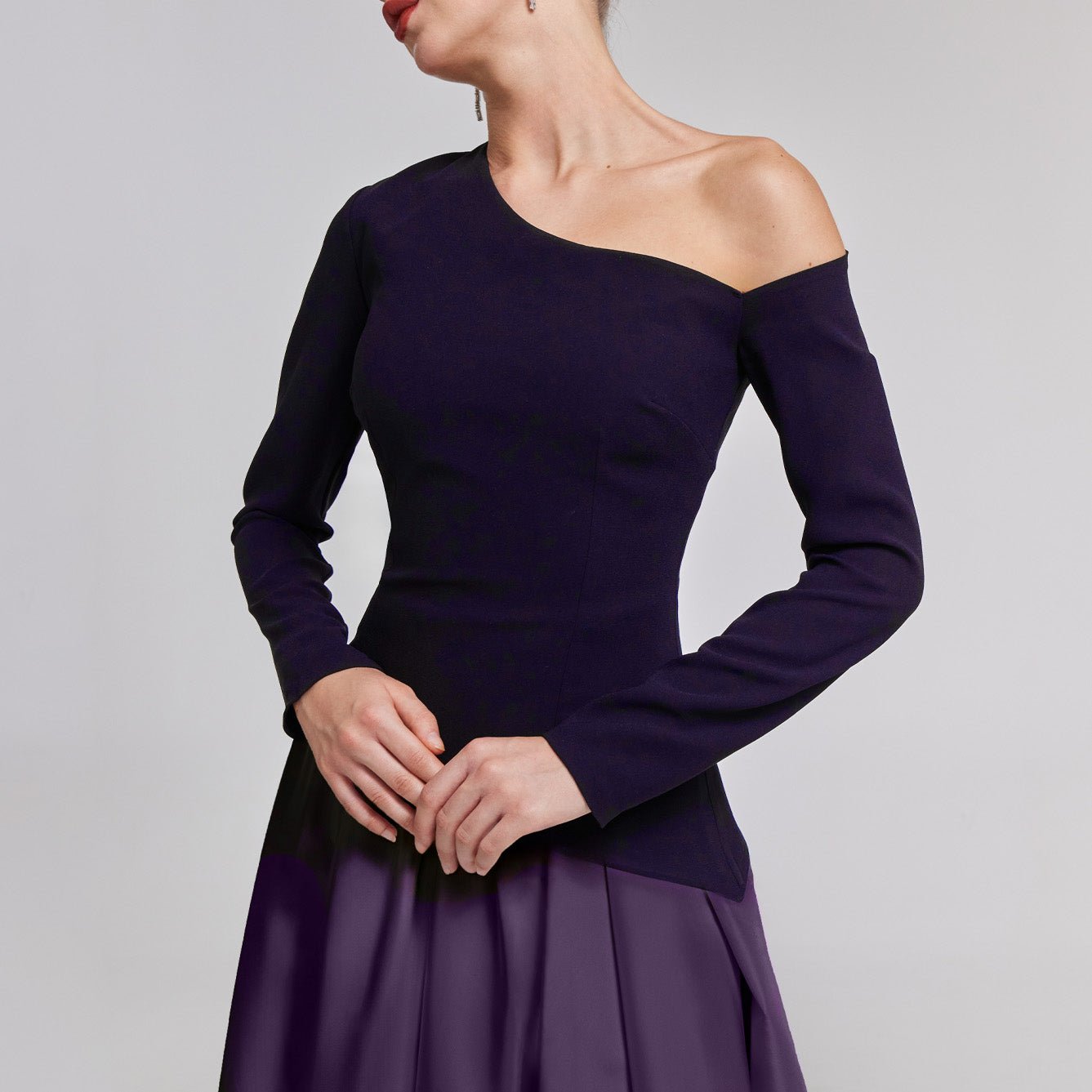 One - Shoulder Purple Crepe and Taffeta Ball Gown - shopaleena