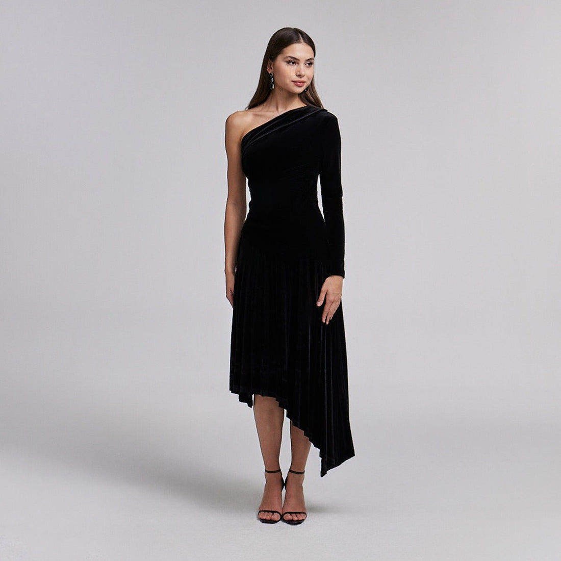 One - Shoulder Velvet Dress with Asymmetric Hemline - shopaleena