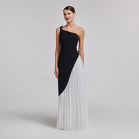 One - Sleeve Contrast Crepe Maxi Dress - shopaleena