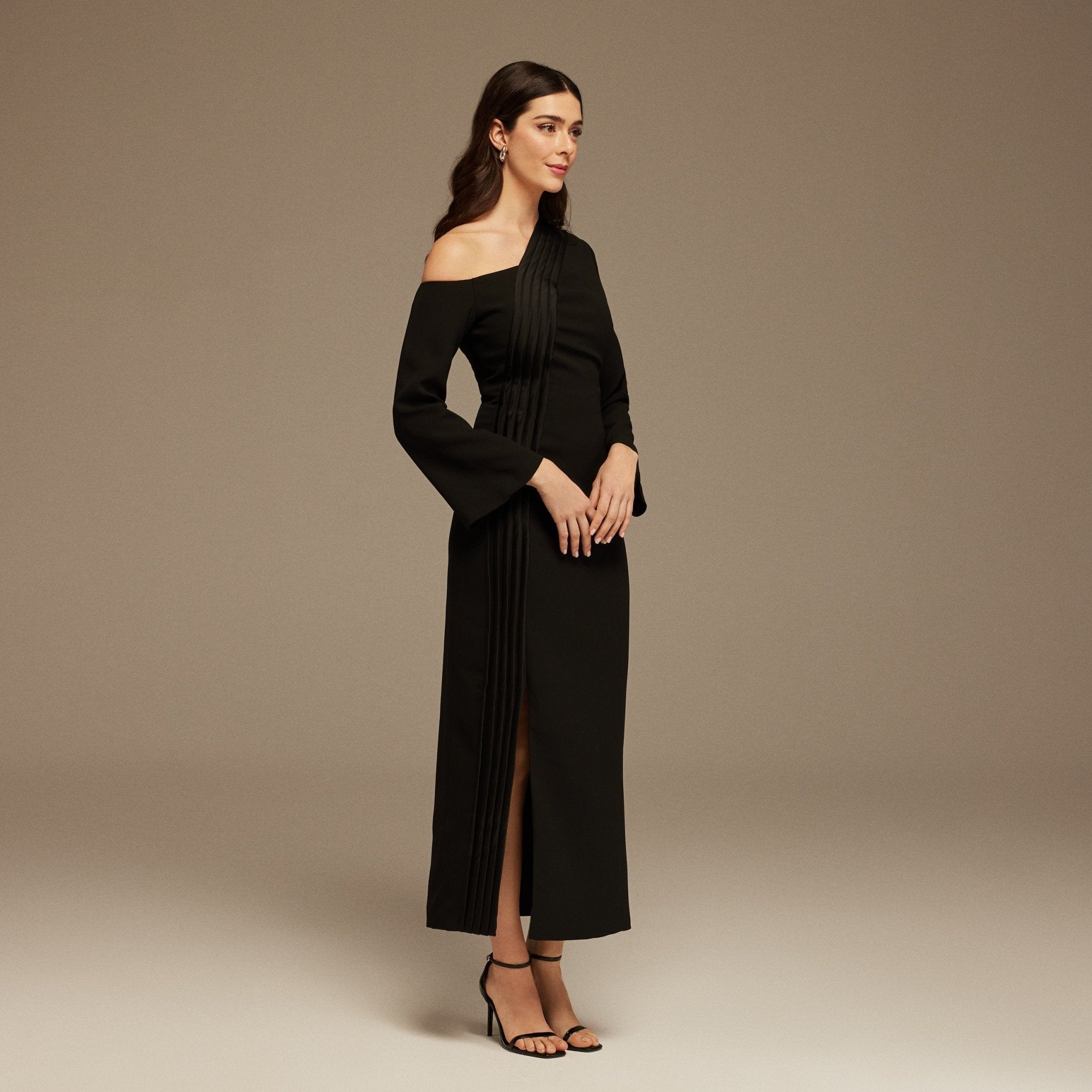 Open Shoulder Maxi Crepe Dress - shopaleena