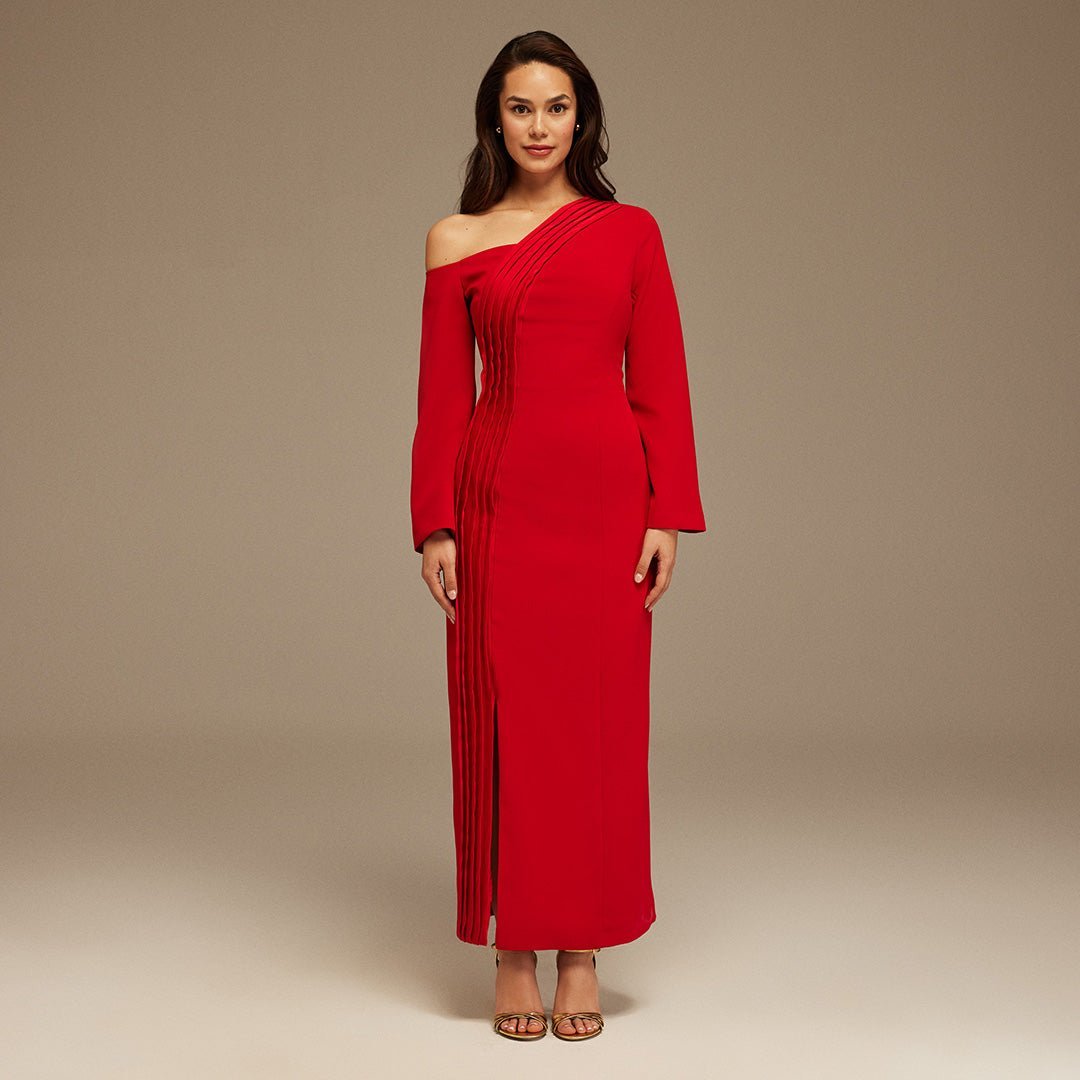 Open Shoulder Maxi Crepe Dress - shopaleena