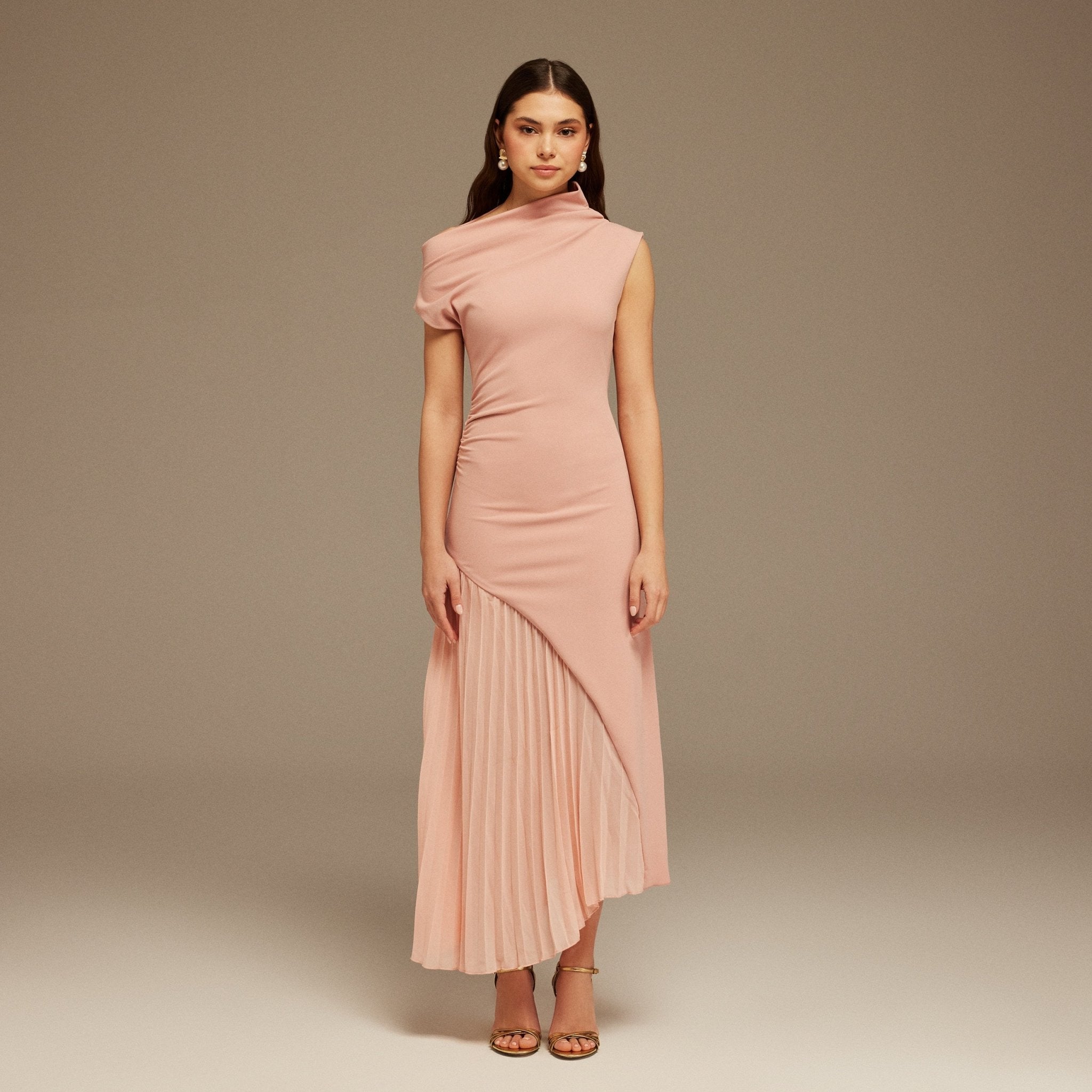 Pink Asymmetric Neckline Midi Dress with Pleats - shopaleena