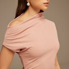 Pink Asymmetric Neckline Midi Dress with Pleats - shopaleena