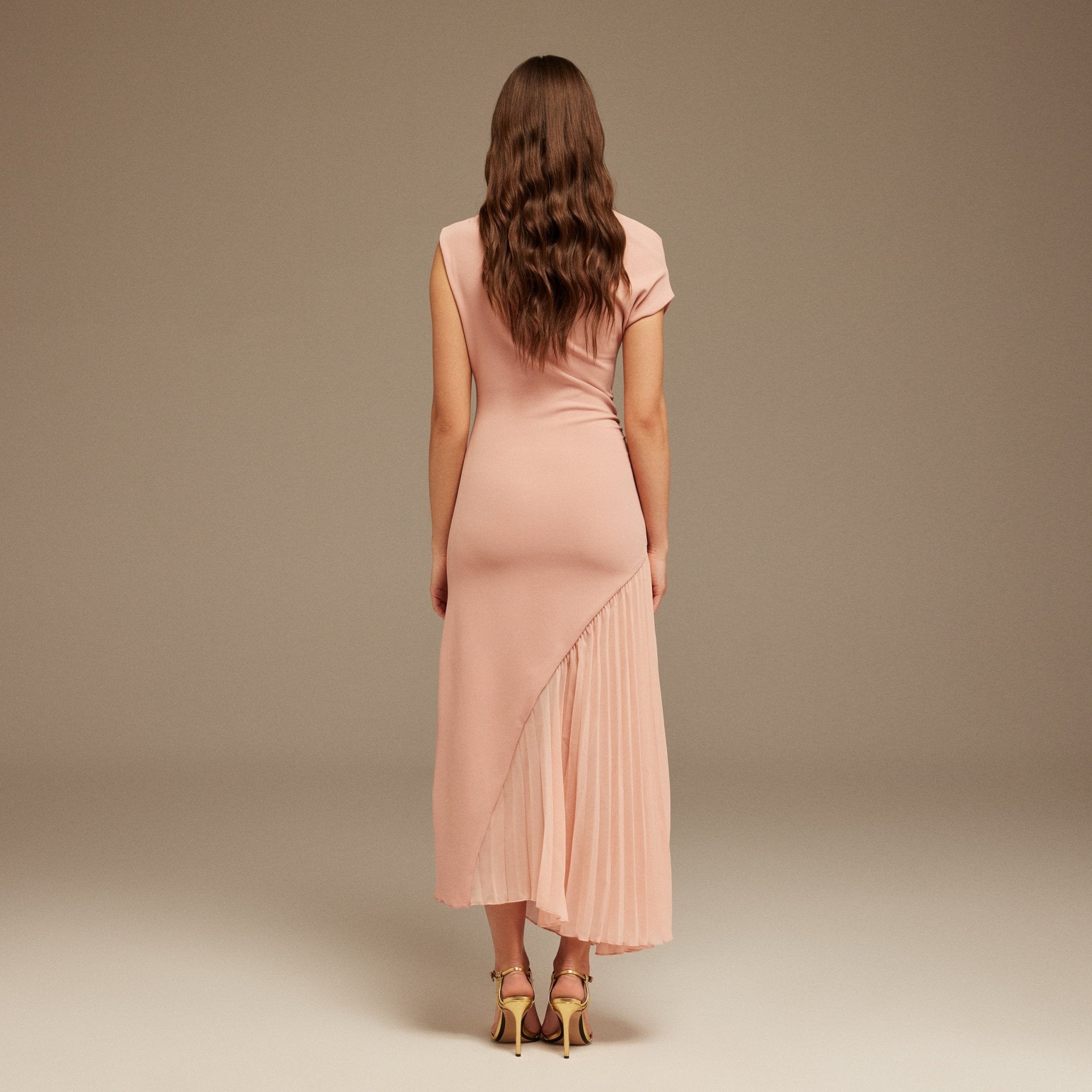 Pink Asymmetric Neckline Midi Dress with Pleats - shopaleena