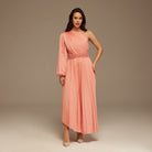 Pink Asymmetric One Sleeve Pleated Long Dress - shopaleena