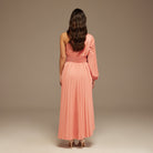 Pink Asymmetric One Sleeve Pleated Long Dress - shopaleena