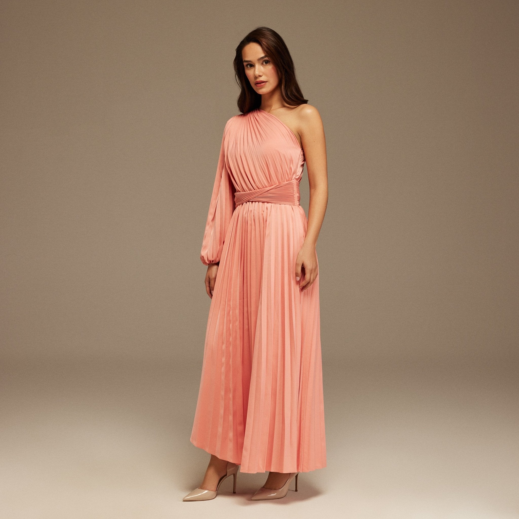 Pink Asymmetric One Sleeve Pleated Long Dress - shopaleena