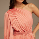 Pink Asymmetric One Sleeve Pleated Long Dress - shopaleena