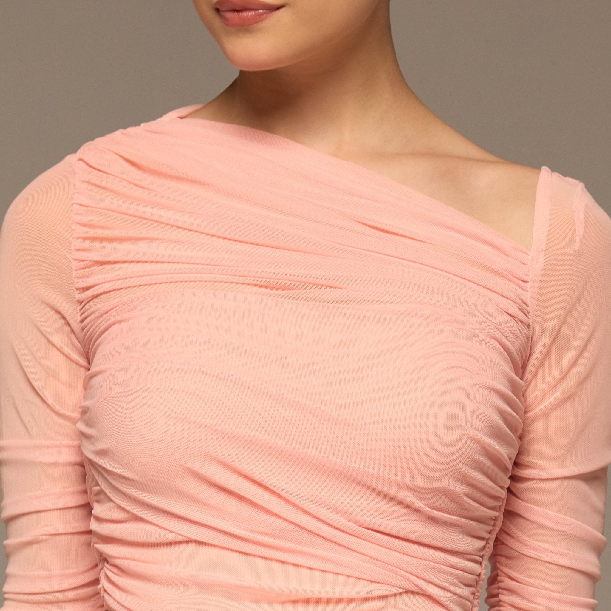 Pink Asymmetric Ruched Tulle Maxi Dress - shopaleena