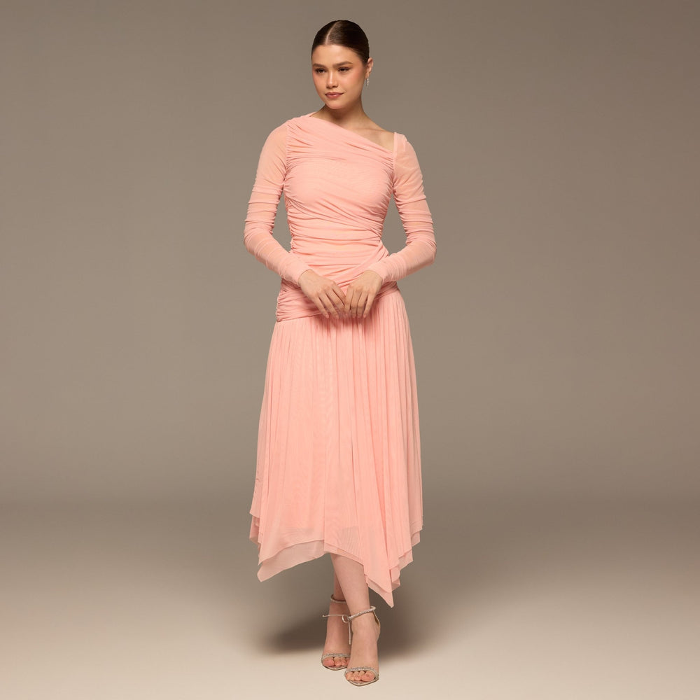 Pink Asymmetric Ruched Tulle Maxi Dress - shopaleena