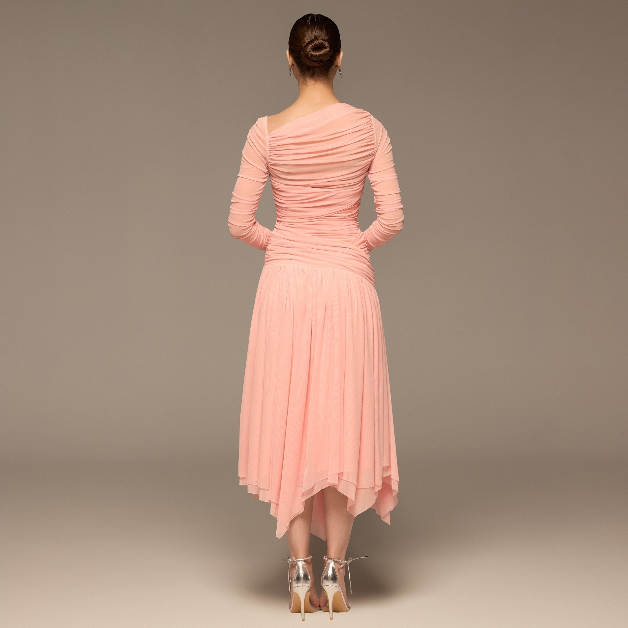 Pink Asymmetric Ruched Tulle Maxi Dress - shopaleena