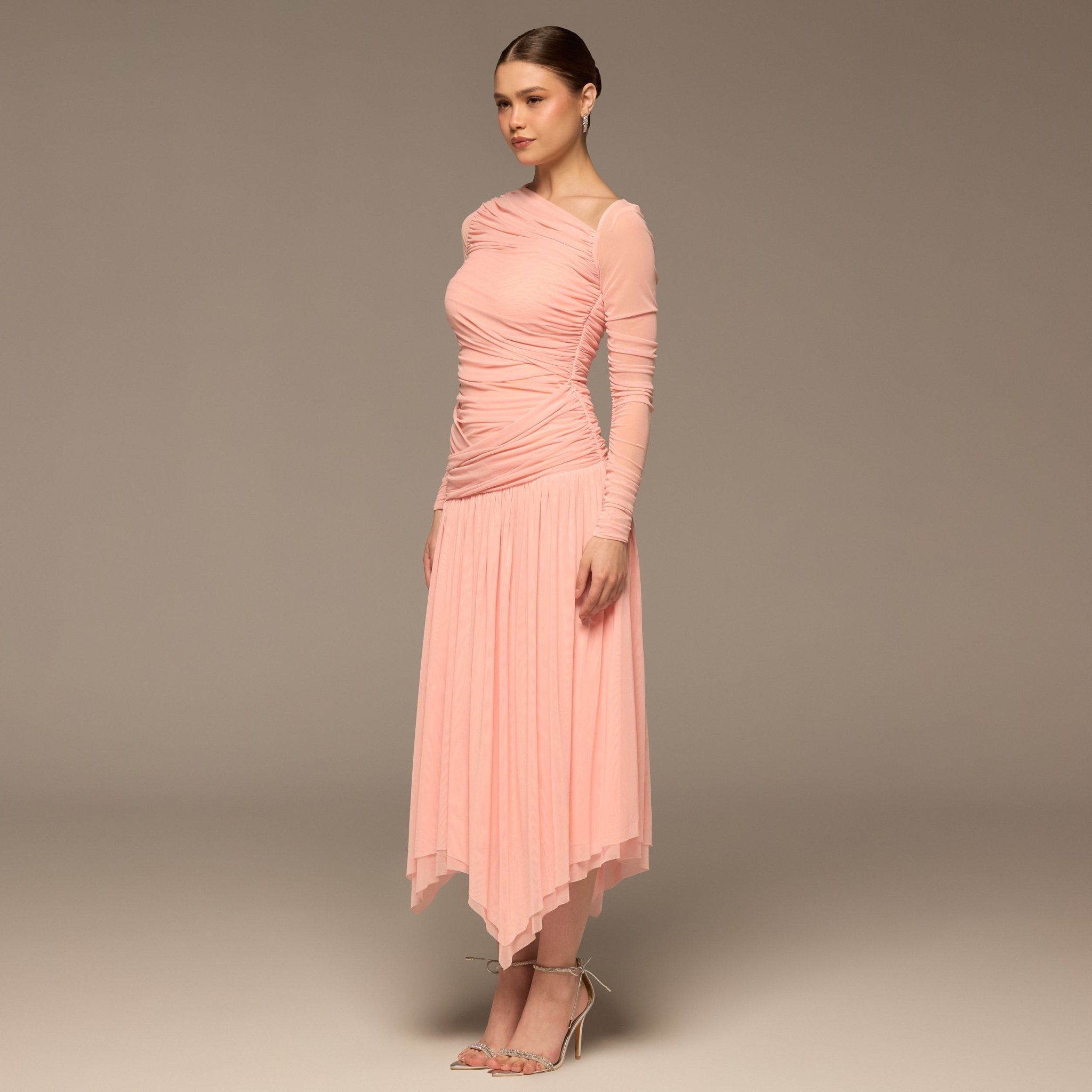 Pink Asymmetric Ruched Tulle Maxi Dress - shopaleena