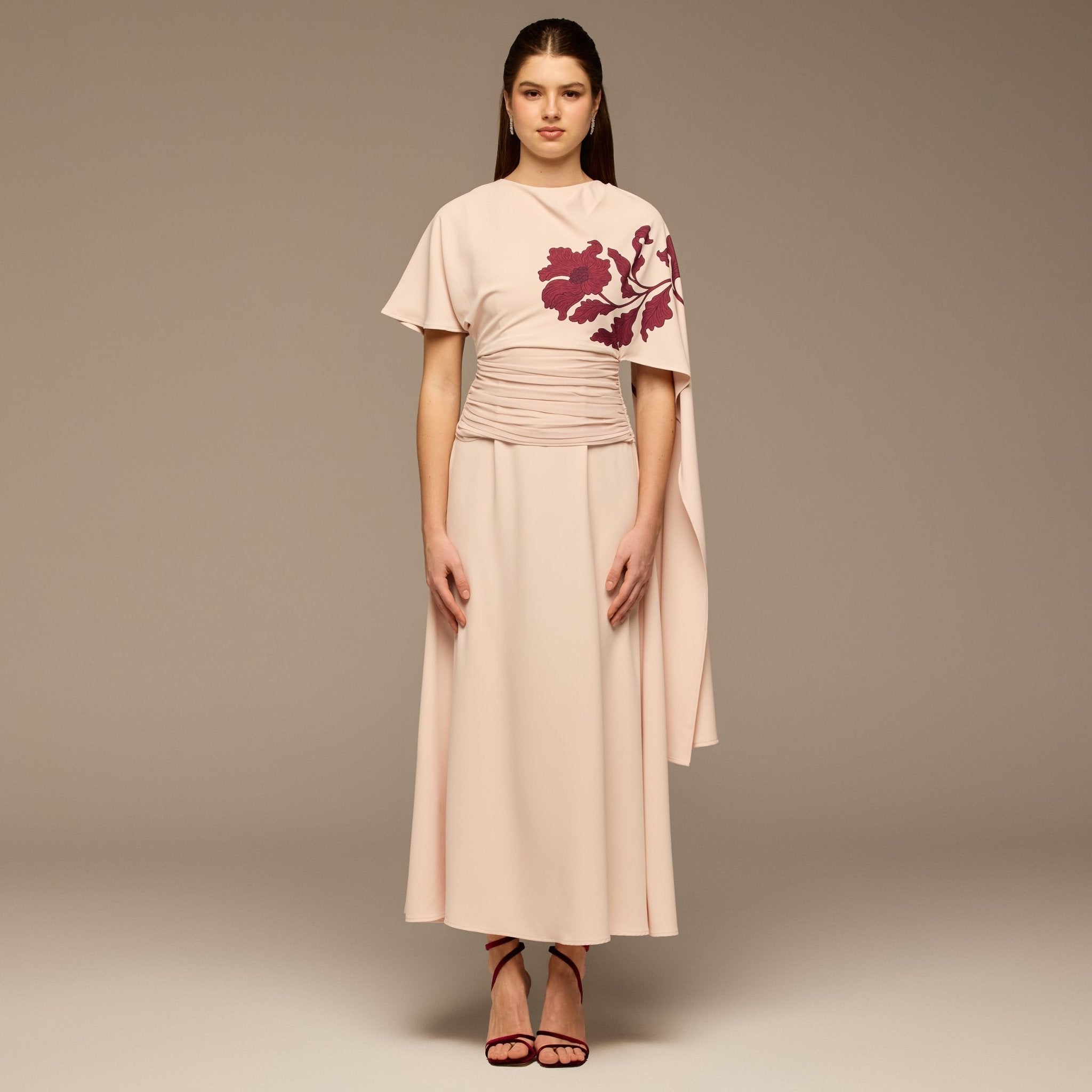 Pink Asymmetric Sleeve Crepe Dress - shopaleena