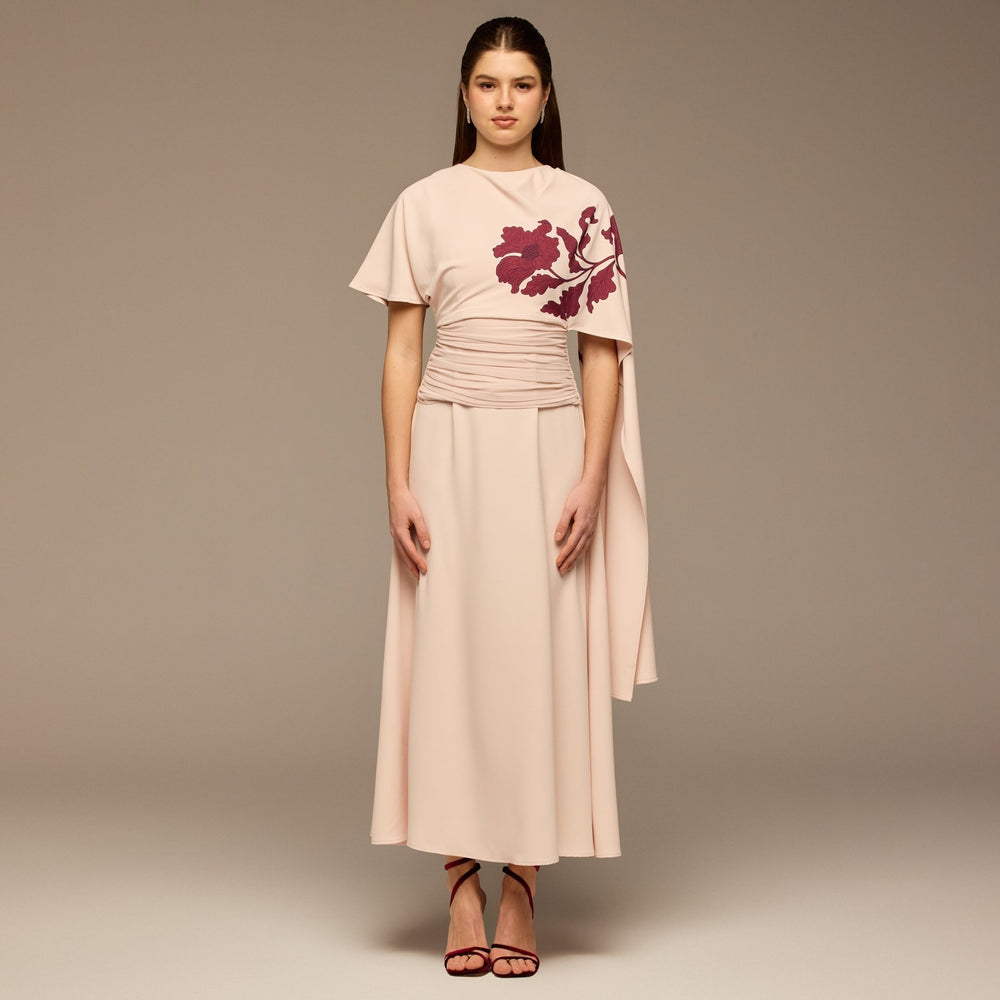 Pink Asymmetric Sleeve Crepe Dress - shopaleena