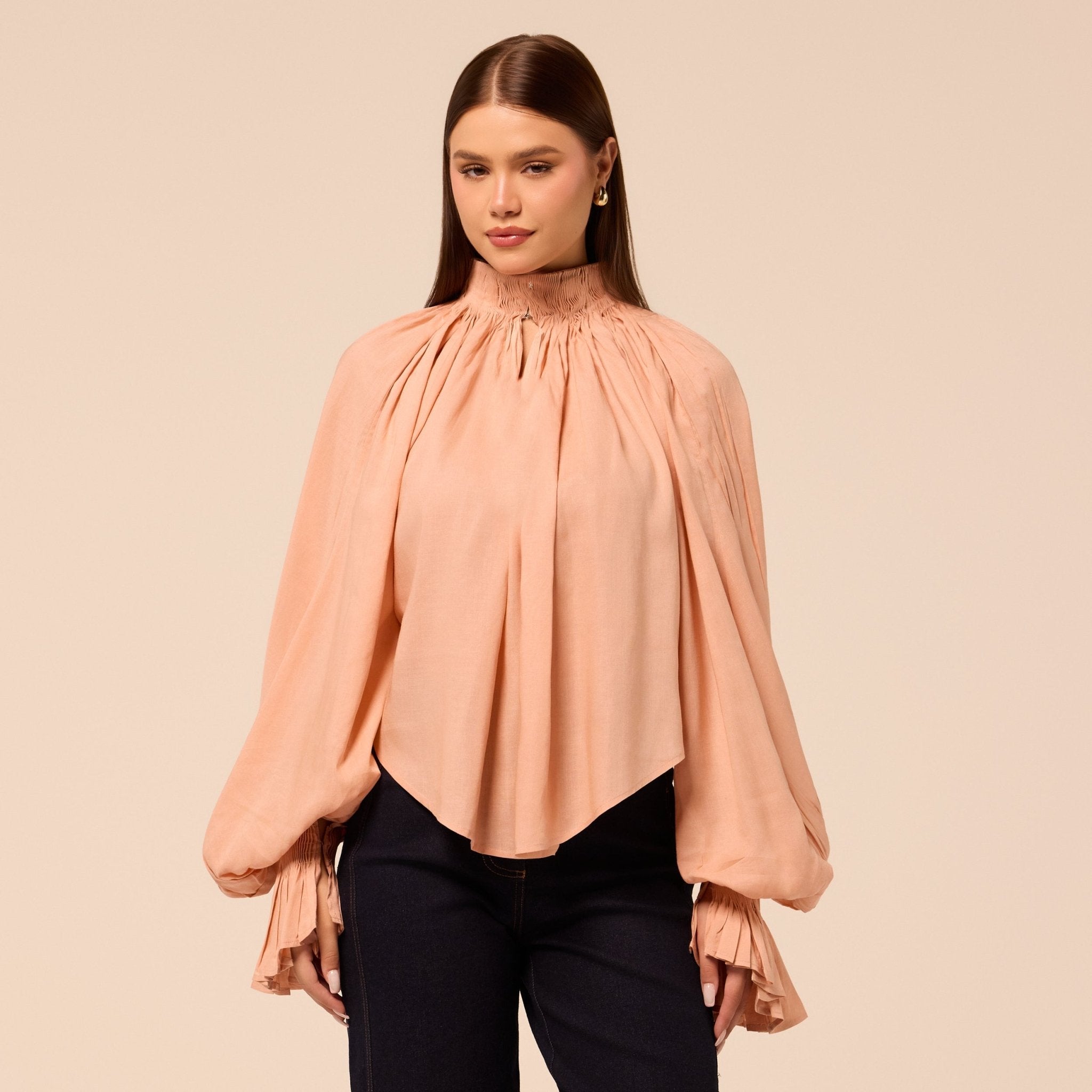 Pink Balloon Sleeve Smocked Linen Blouse - shopaleena