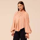 Pink Balloon Sleeve Smocked Linen Blouse - shopaleena