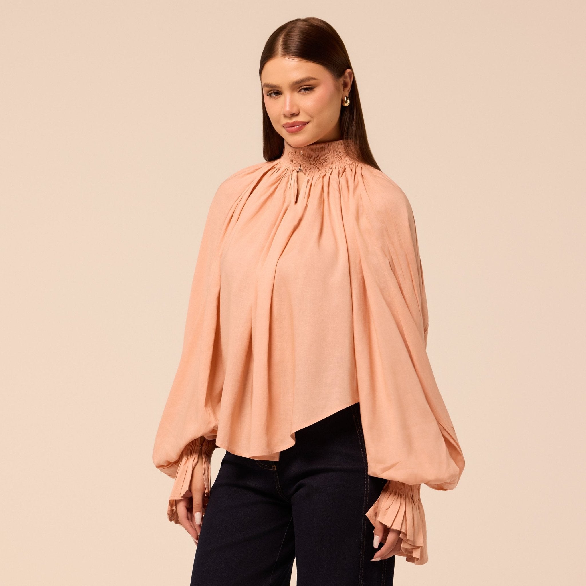 Pink Balloon Sleeve Smocked Linen Blouse - shopaleena