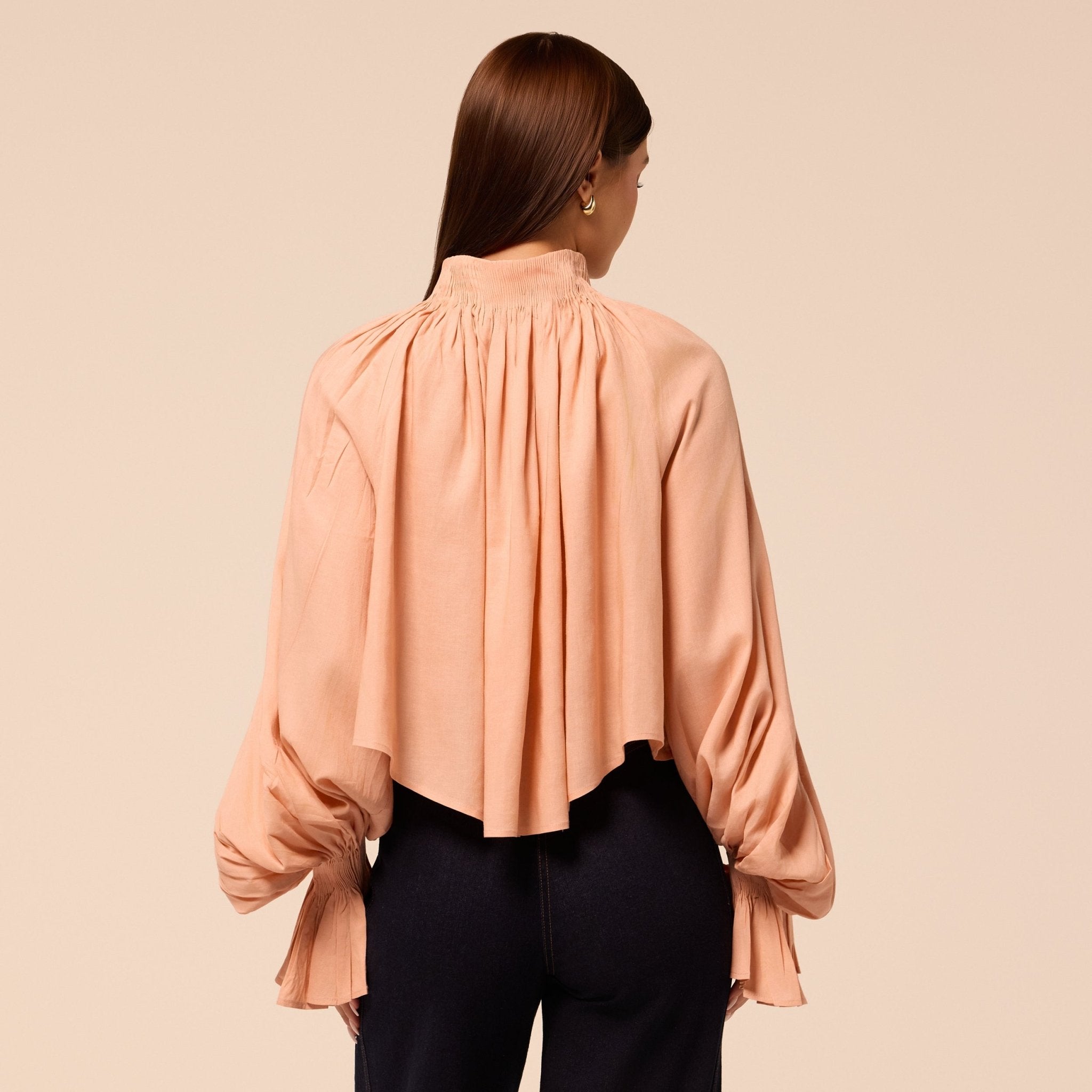 Pink Balloon Sleeve Smocked Linen Blouse - shopaleena