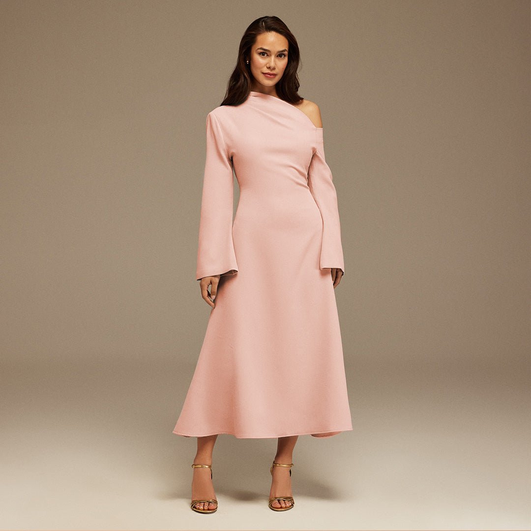 Pink Bare shoulder Crepe Midi dress - shopaleena