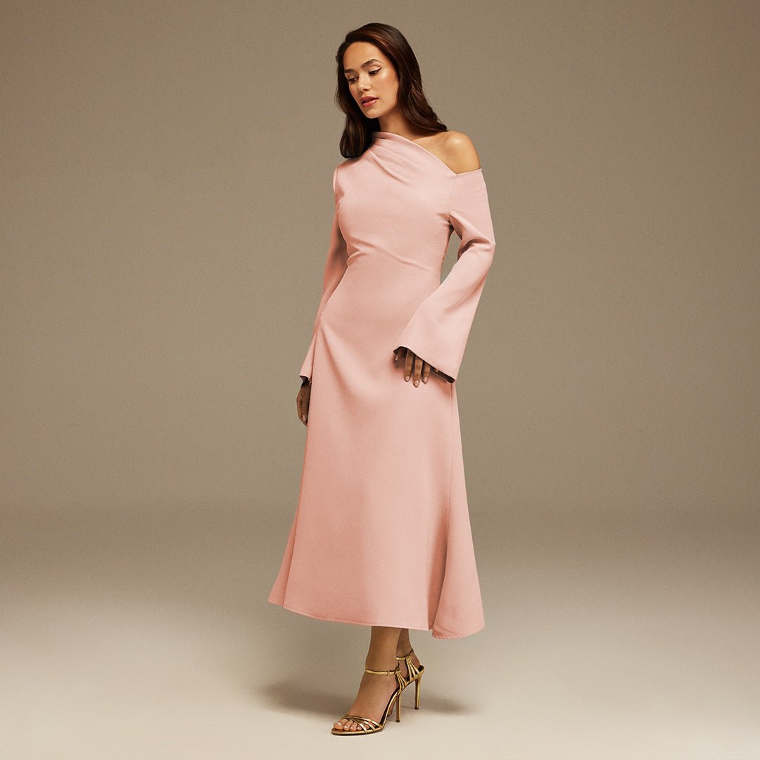 Pink Bare shoulder Crepe Midi dress - shopaleena