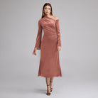 Pink Bare Shoulder Velvet Midi Dress - shopaleena