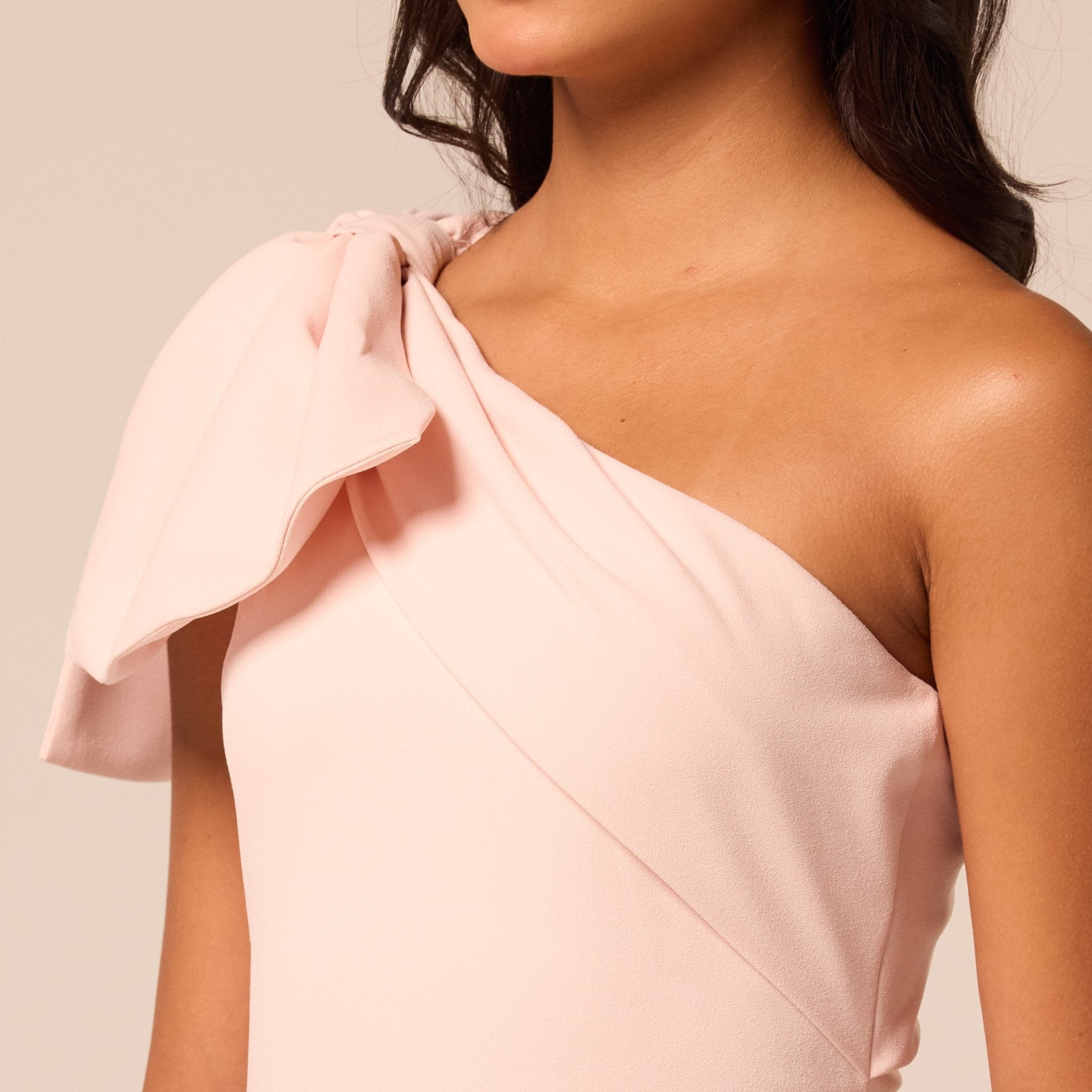 Pink Bow One-Shoulder Crepe Maxi Dress - shopaleena