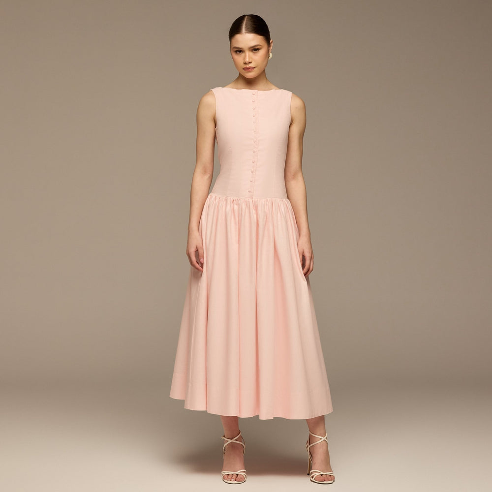 Pink Button - Front Linen Midi Dress - shopaleena