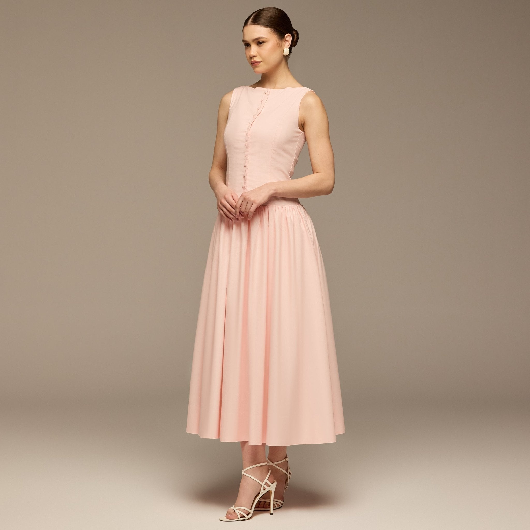 Pink Button - Front Linen Midi Dress - shopaleena