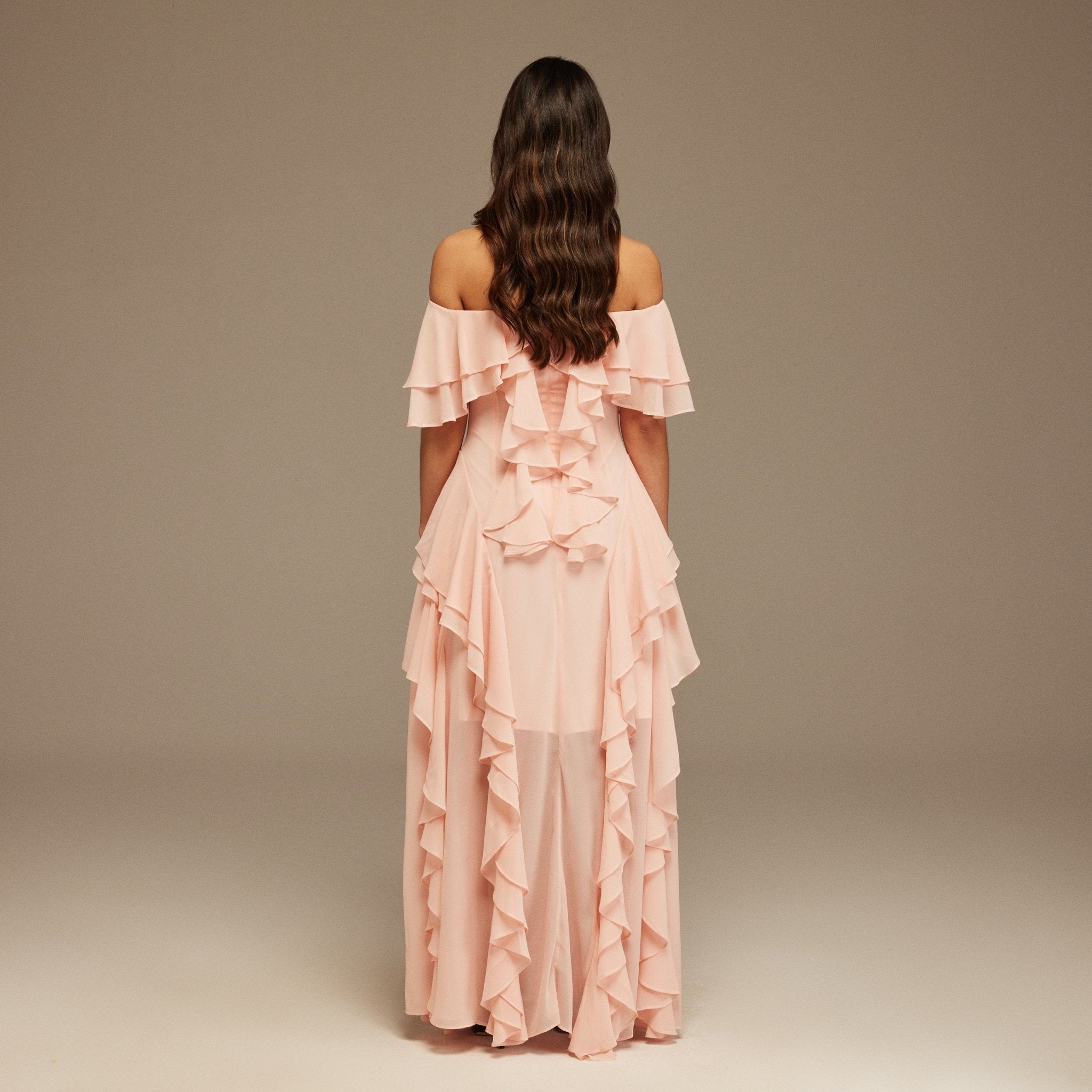 Pink Chiffon Off Shoulder Maxi Dress With Ruffles - shopaleena